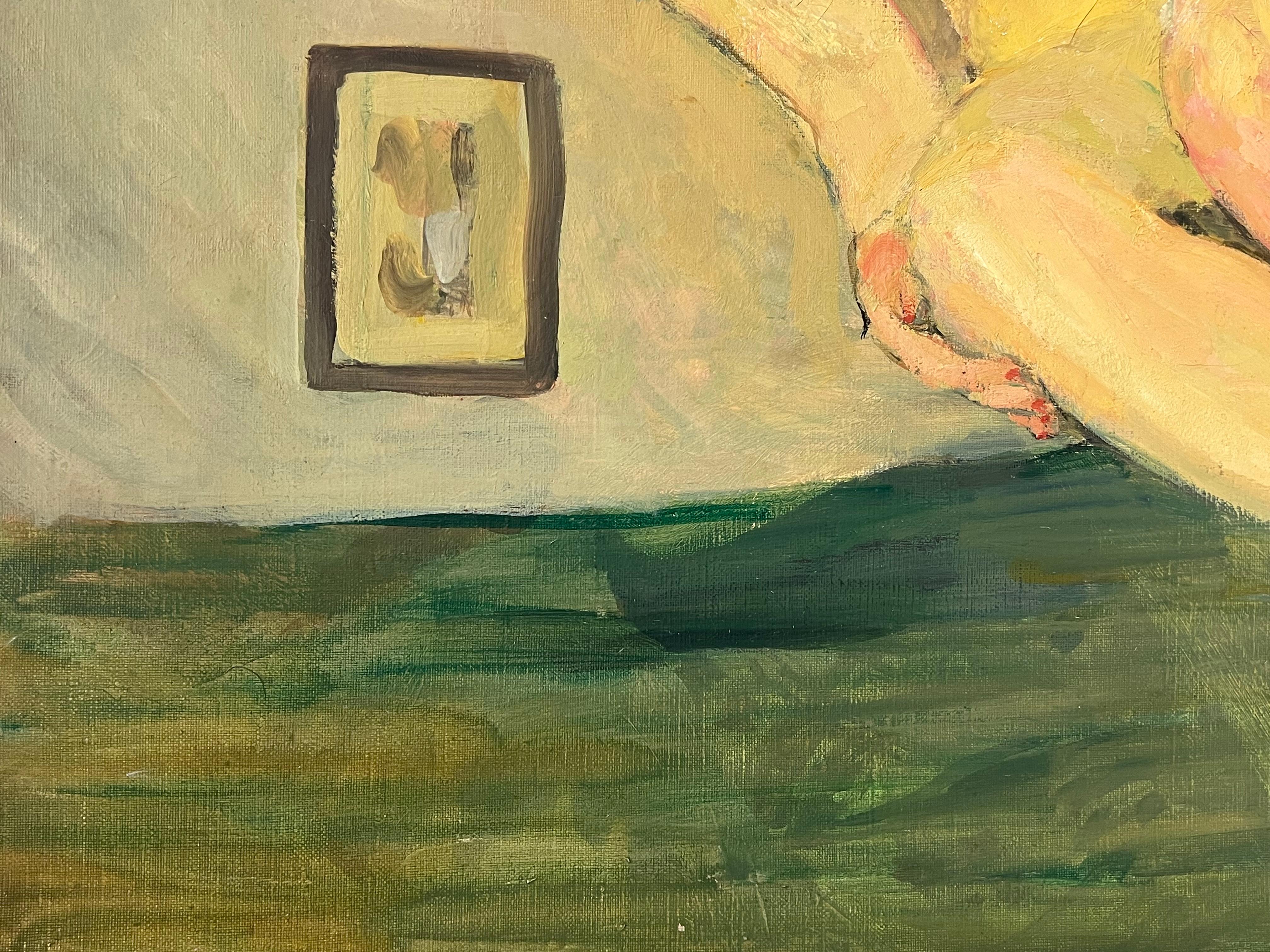 Peinture à l'huile française du milieu du siècle Le Modèle Notique de l'Artistics Femme Nue à l'intérieur en vente 5