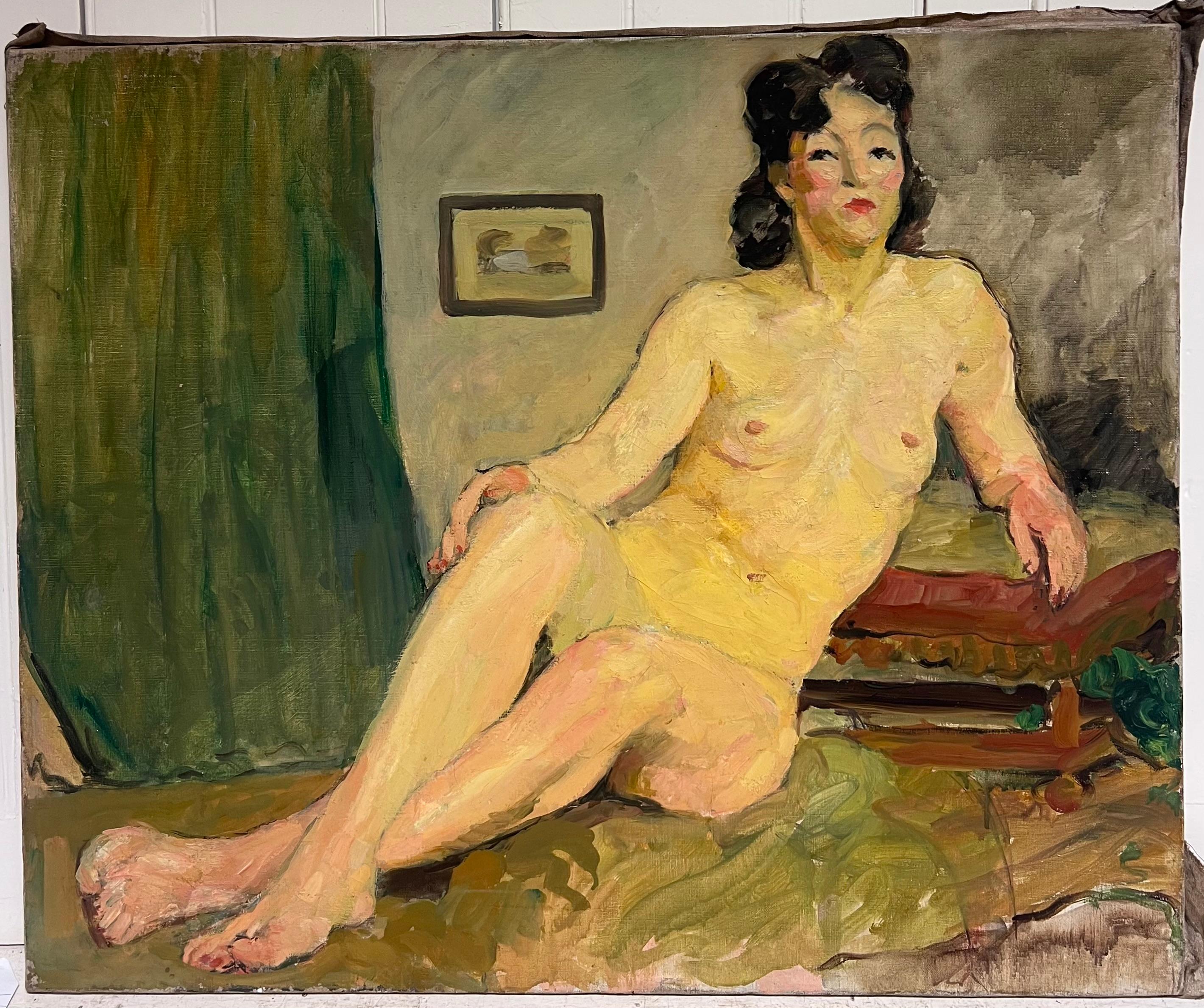 Peinture à l'huile française du milieu du siècle Le Modèle Notique de l'Artistics Femme Nue à l'intérieur - Painting de Suzanne Dinkes