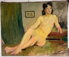 French Mid Century Oil Painting The Artists Model Nude Woman in Interior
