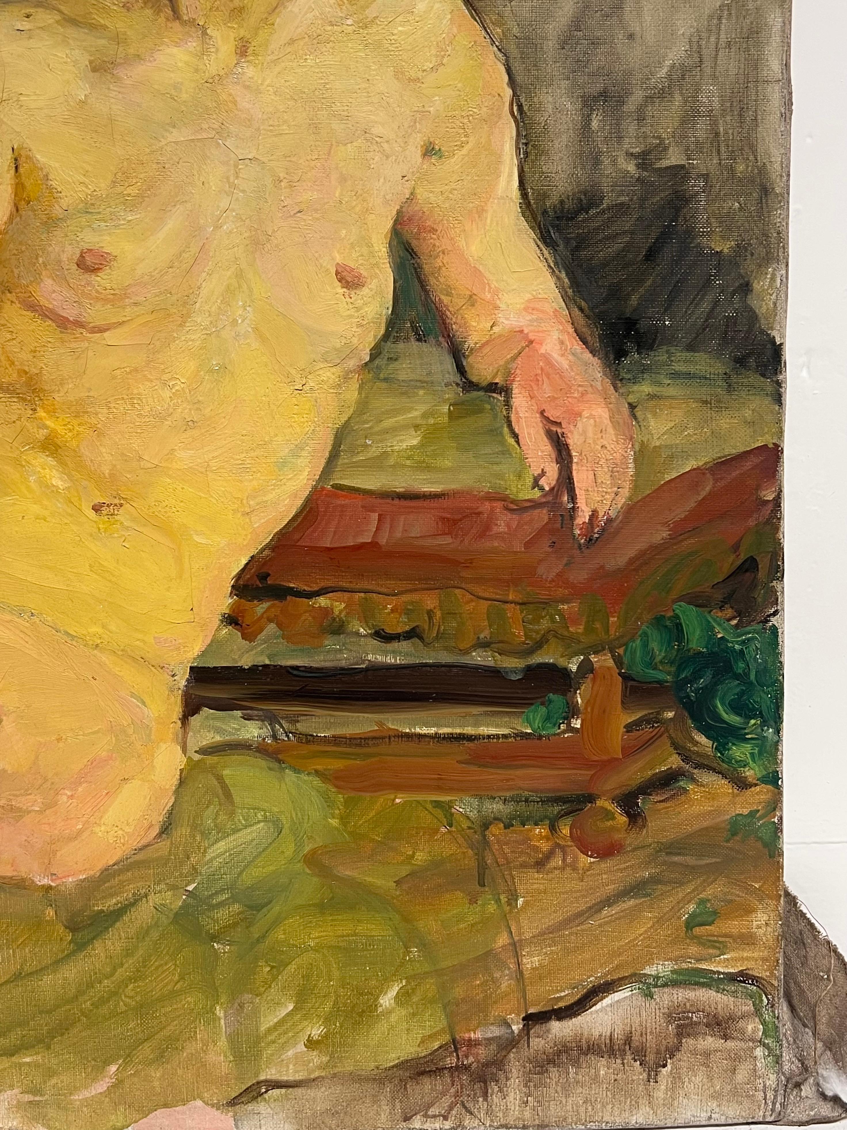 Peinture à l'huile française du milieu du siècle Le Modèle Notique de l'Artistics Femme Nue à l'intérieur - Post-impressionnisme Painting par Suzanne Dinkes
