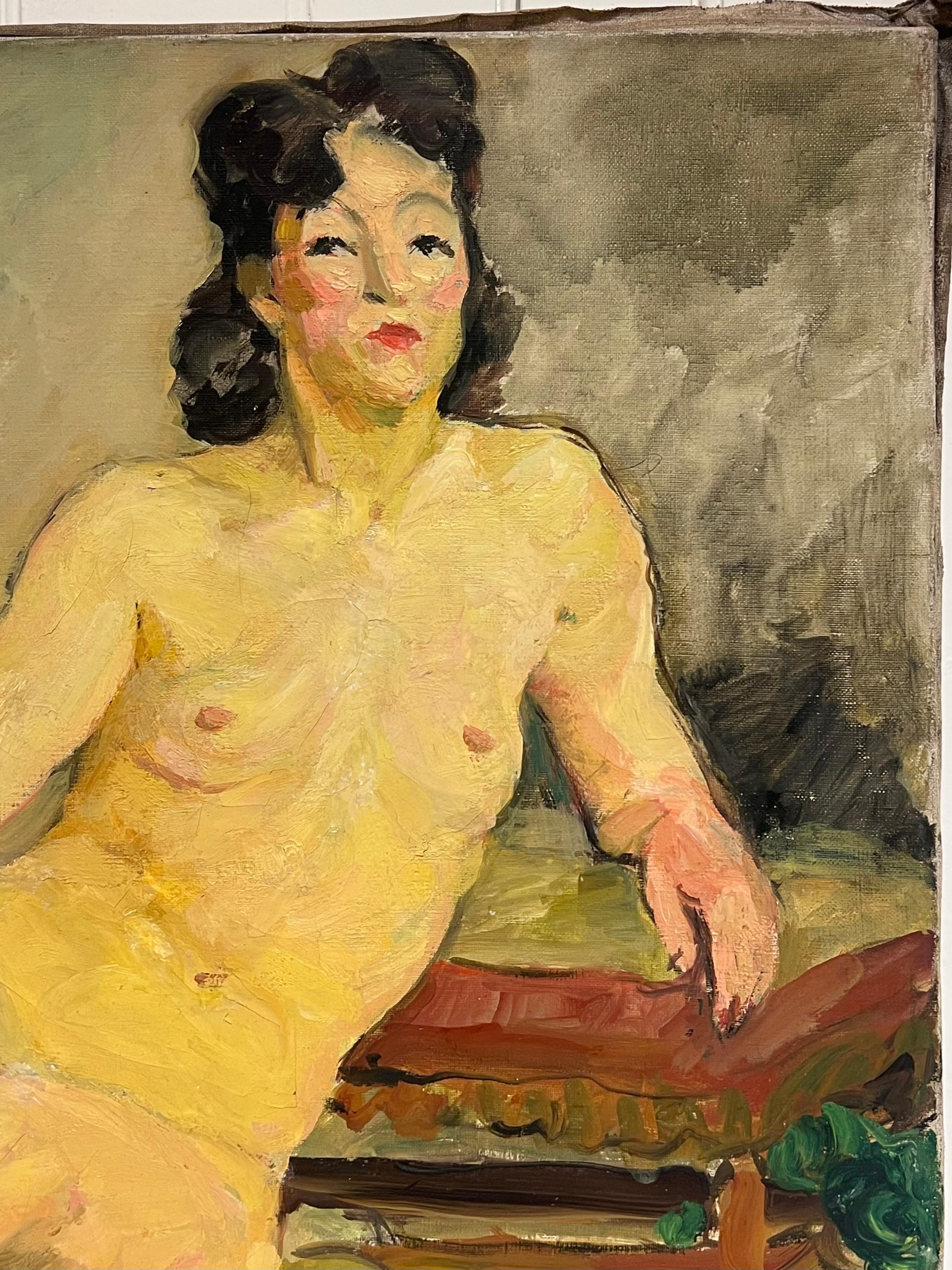 Peinture à l'huile française du milieu du siècle Le Modèle Notique de l'Artistics Femme Nue à l'intérieur - Marron Nude Painting par Suzanne Dinkes