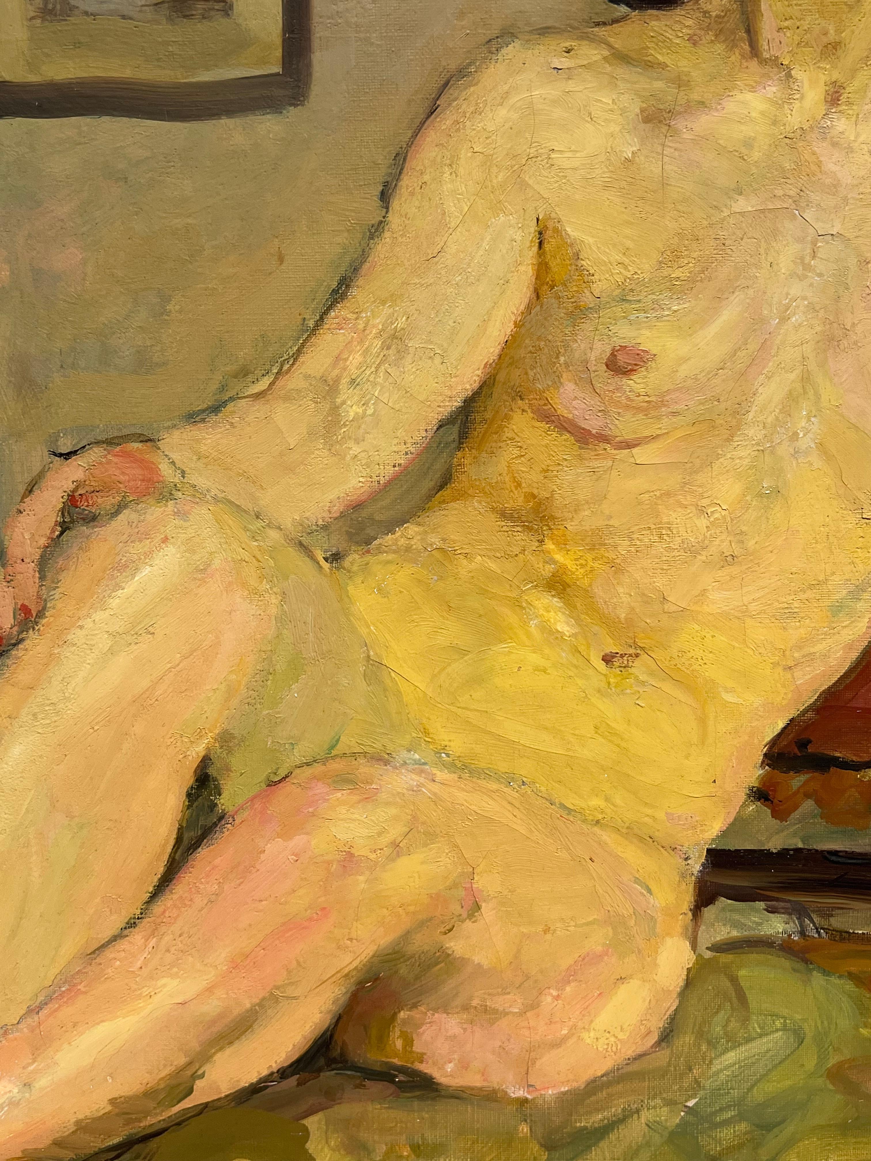 Peinture à l'huile française du milieu du siècle Le Modèle Notique de l'Artistics Femme Nue à l'intérieur en vente 1
