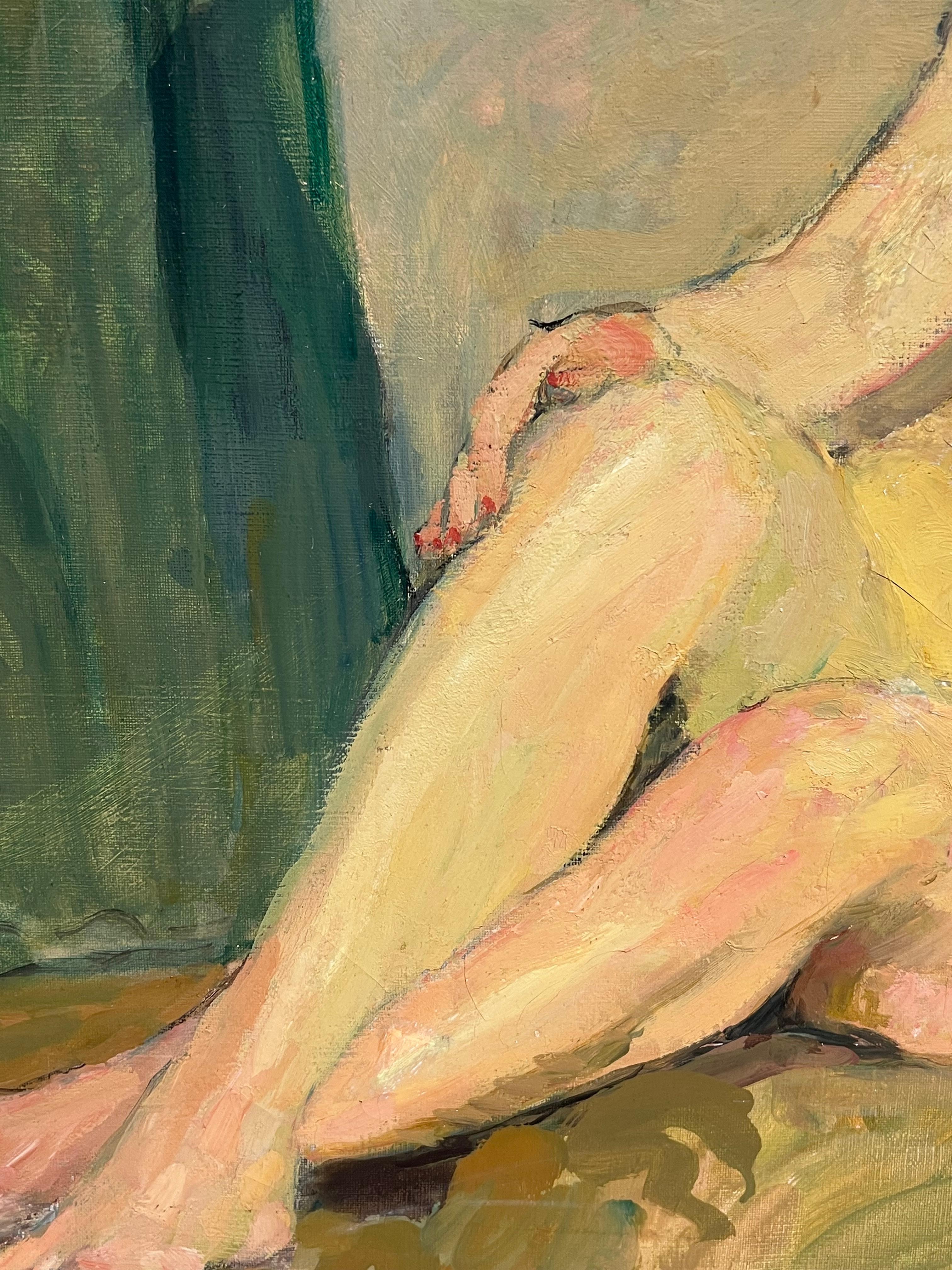 Peinture à l'huile française du milieu du siècle Le Modèle Notique de l'Artistics Femme Nue à l'intérieur en vente 2
