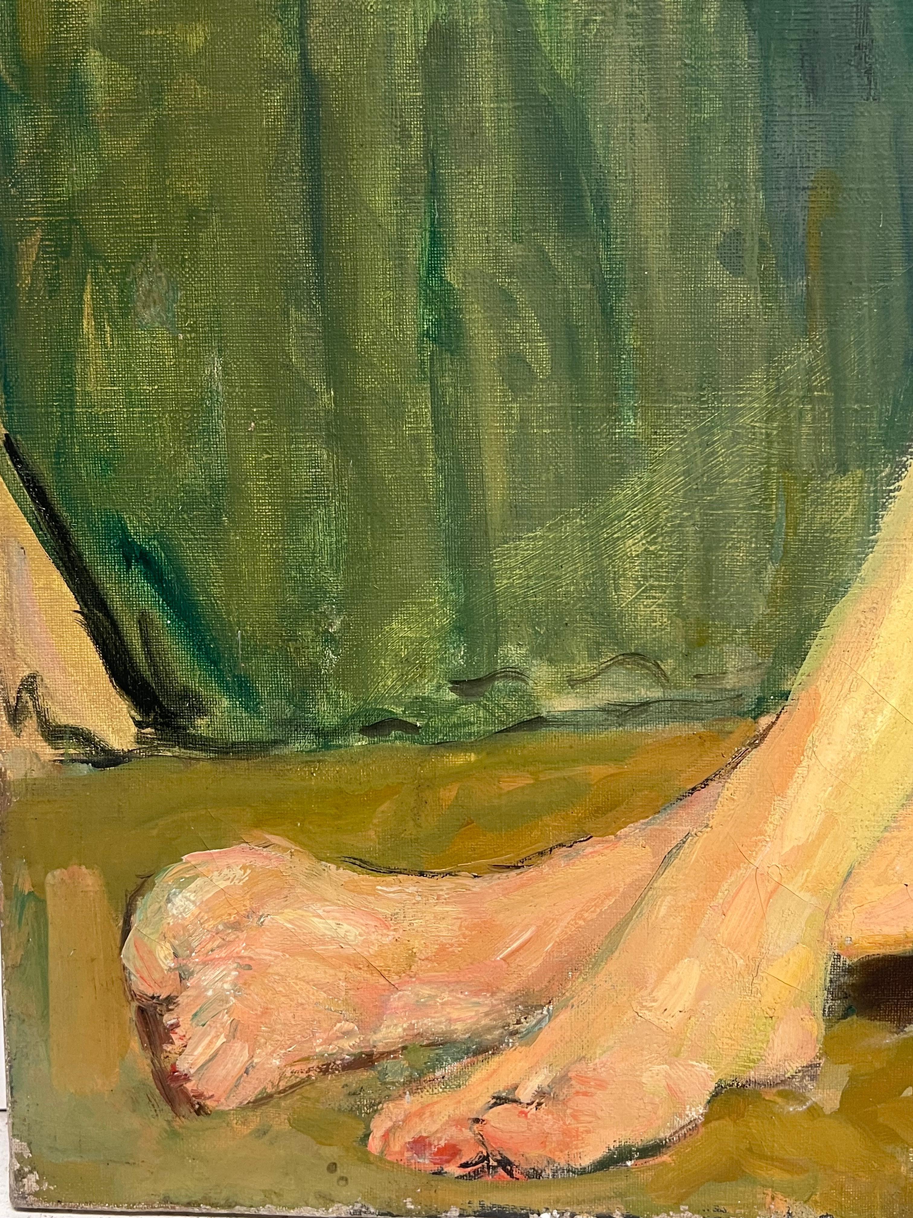 Peinture à l'huile française du milieu du siècle Le Modèle Notique de l'Artistics Femme Nue à l'intérieur en vente 3