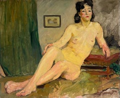 Pittura a olio francese della metà del secolo scorso L'artista modella donna nuda in un interno