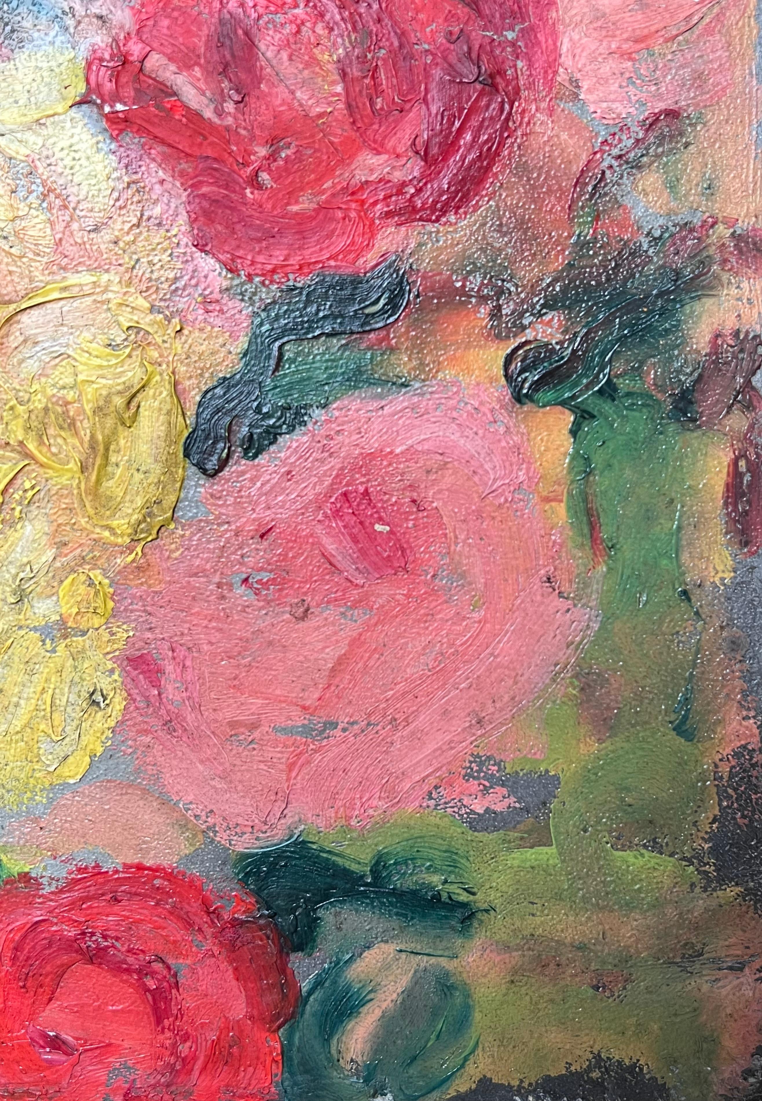 Französisch Mid Century Malerei Rot, Gelb und Rosa Rose Stillleben (Post-Impressionismus), Painting, von Suzanne Dinkes
