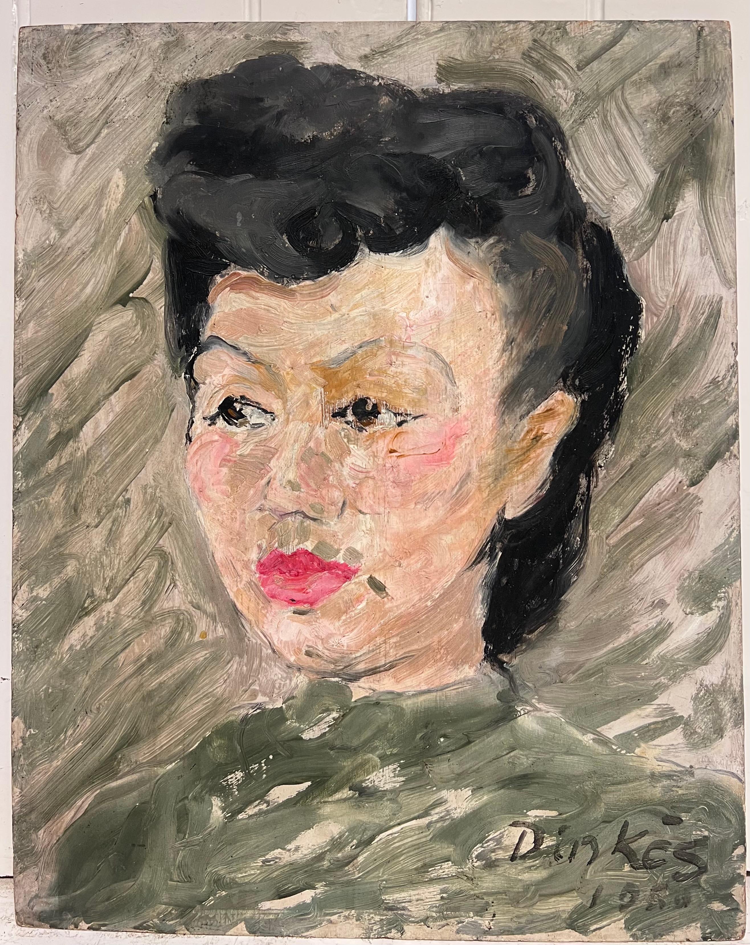 Französisch Mitte des Jahrhunderts Malerei signiert Ölgemälde Porträt einer Frau – Painting von Suzanne Dinkes