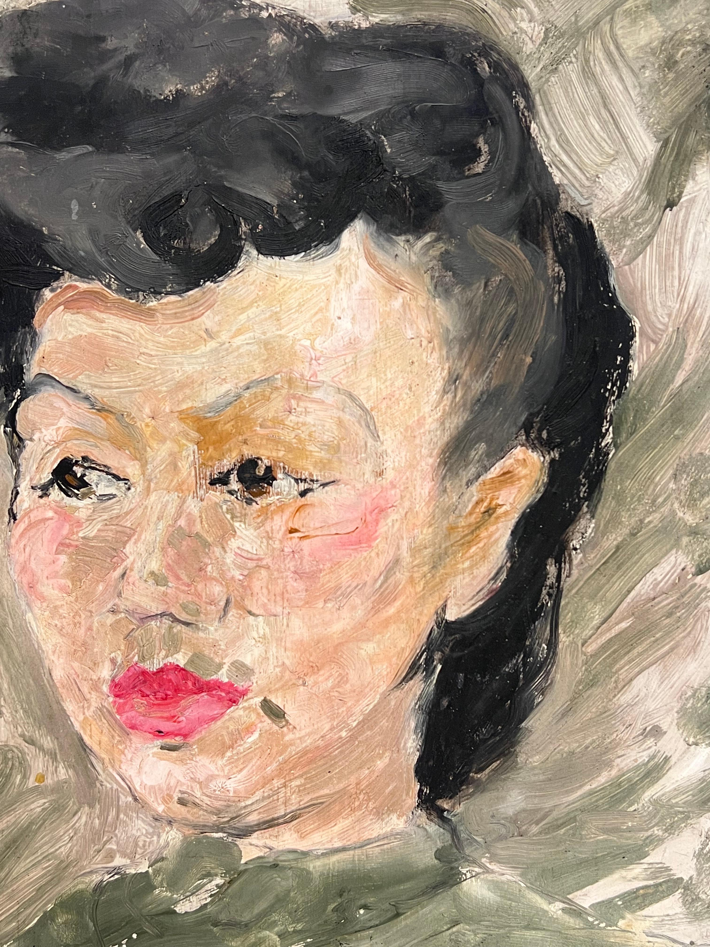 Französisch Mitte des Jahrhunderts Malerei signiert Ölgemälde Porträt einer Frau (Post-Impressionismus), Painting, von Suzanne Dinkes