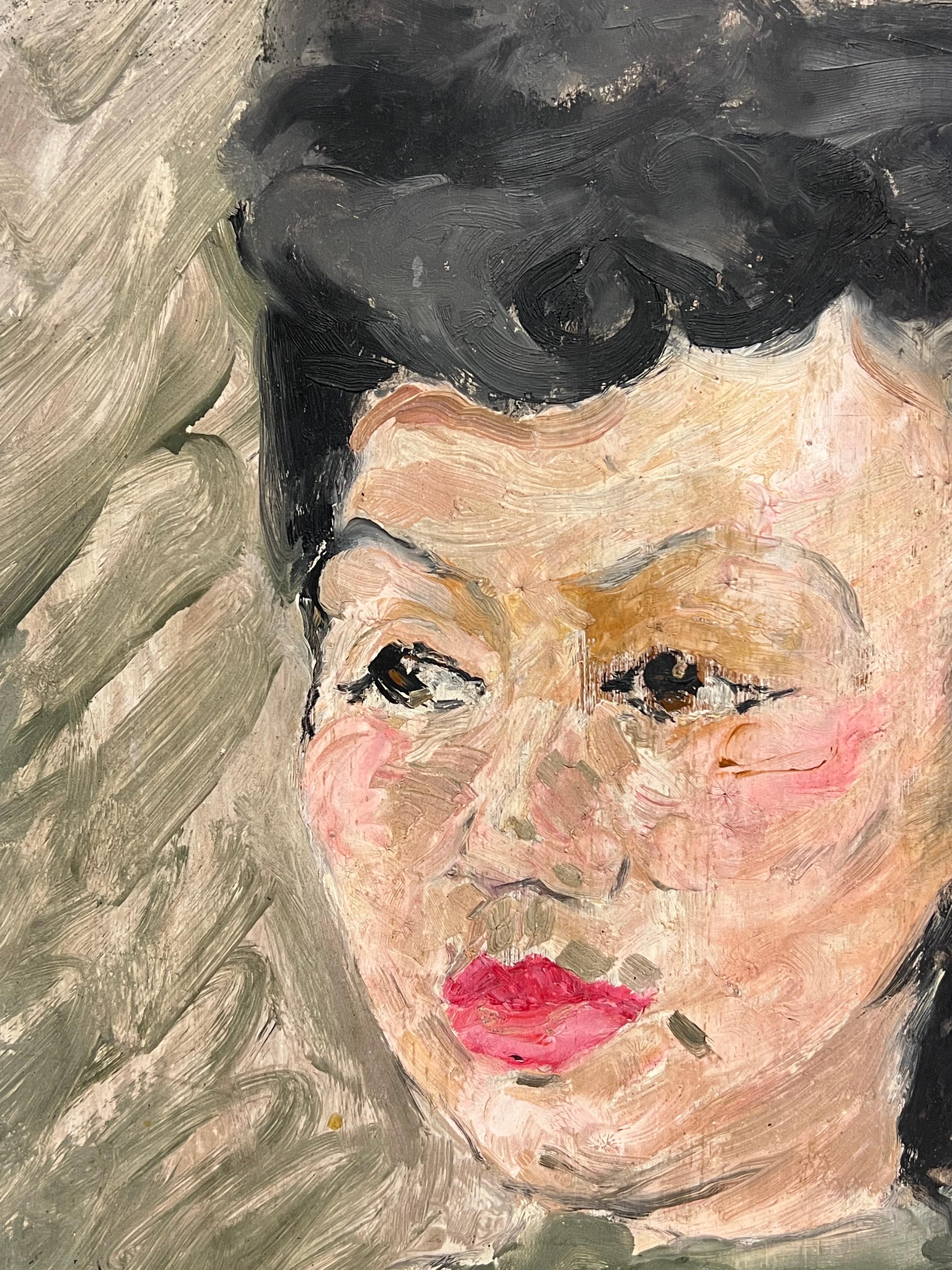 Französisch Mitte des Jahrhunderts Malerei signiert Ölgemälde Porträt einer Frau (Braun), Portrait Painting, von Suzanne Dinkes