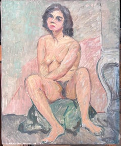 Full Body Nude Female Study Posed On Stall French Mid Century Painting