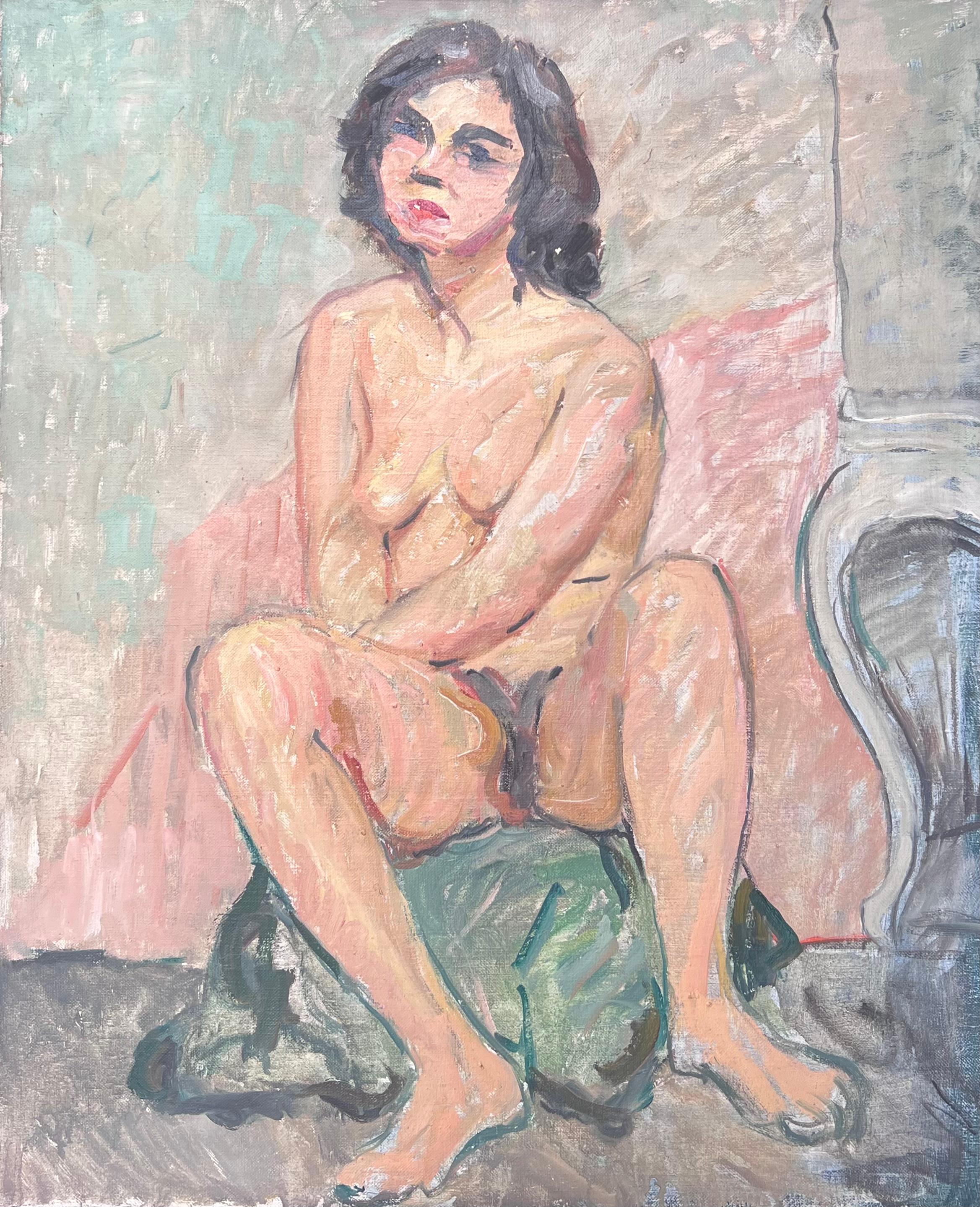 Studio di nudo femminile a corpo intero in posa su una stalla Pittura francese della metà del secolo scorso