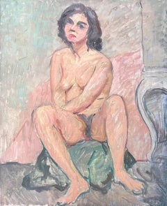 Full Body Nude Female Study Posed On Stall French Mid Century Painting