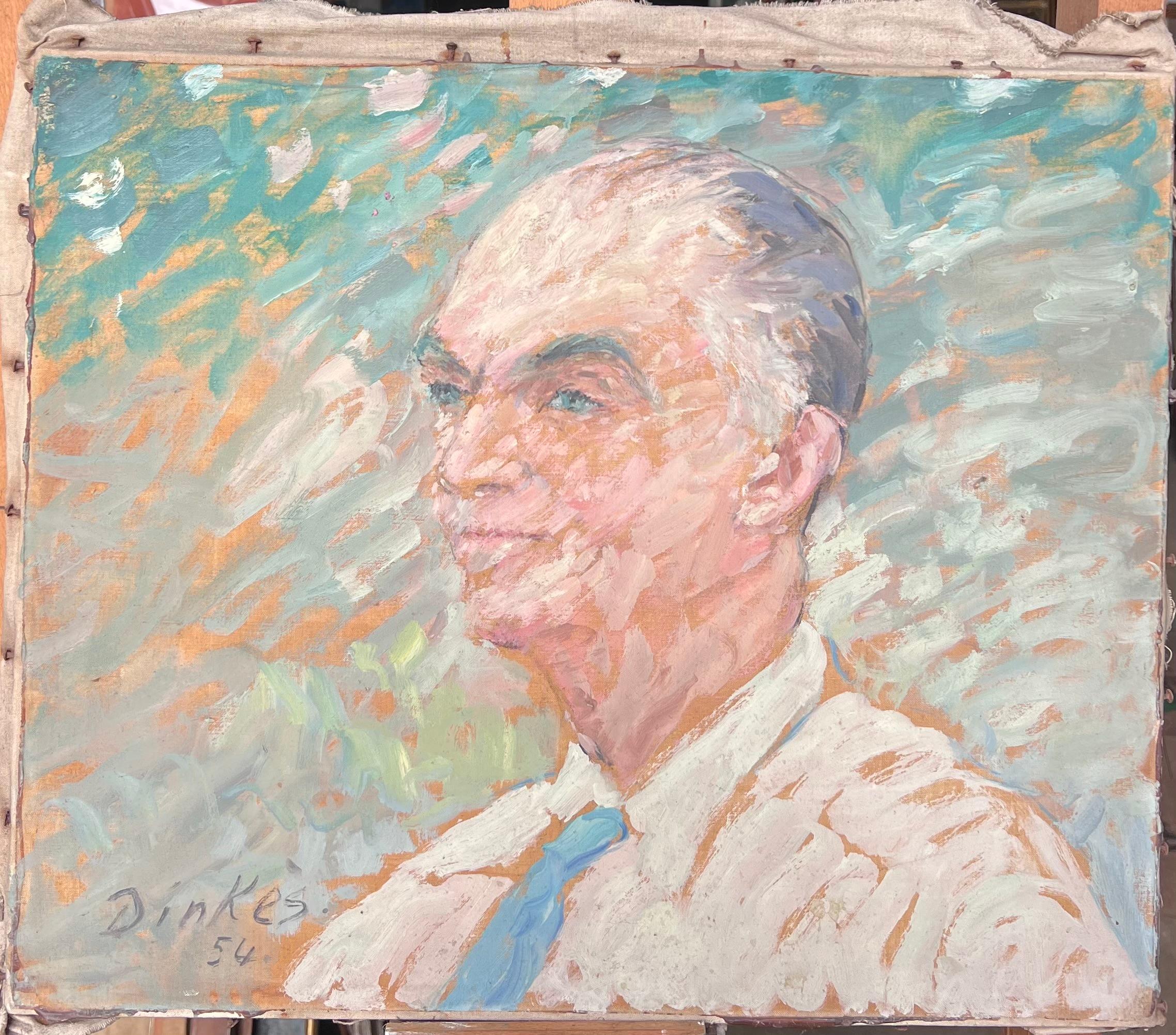 Caballero de pelo gris con corbata azul Pintura impresionista francesa de mediados de siglo - Painting de Suzanne Dinkes