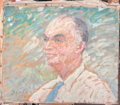 Grey Haired Gentleman In Blue Tie Mid Century French Impressionist Painting