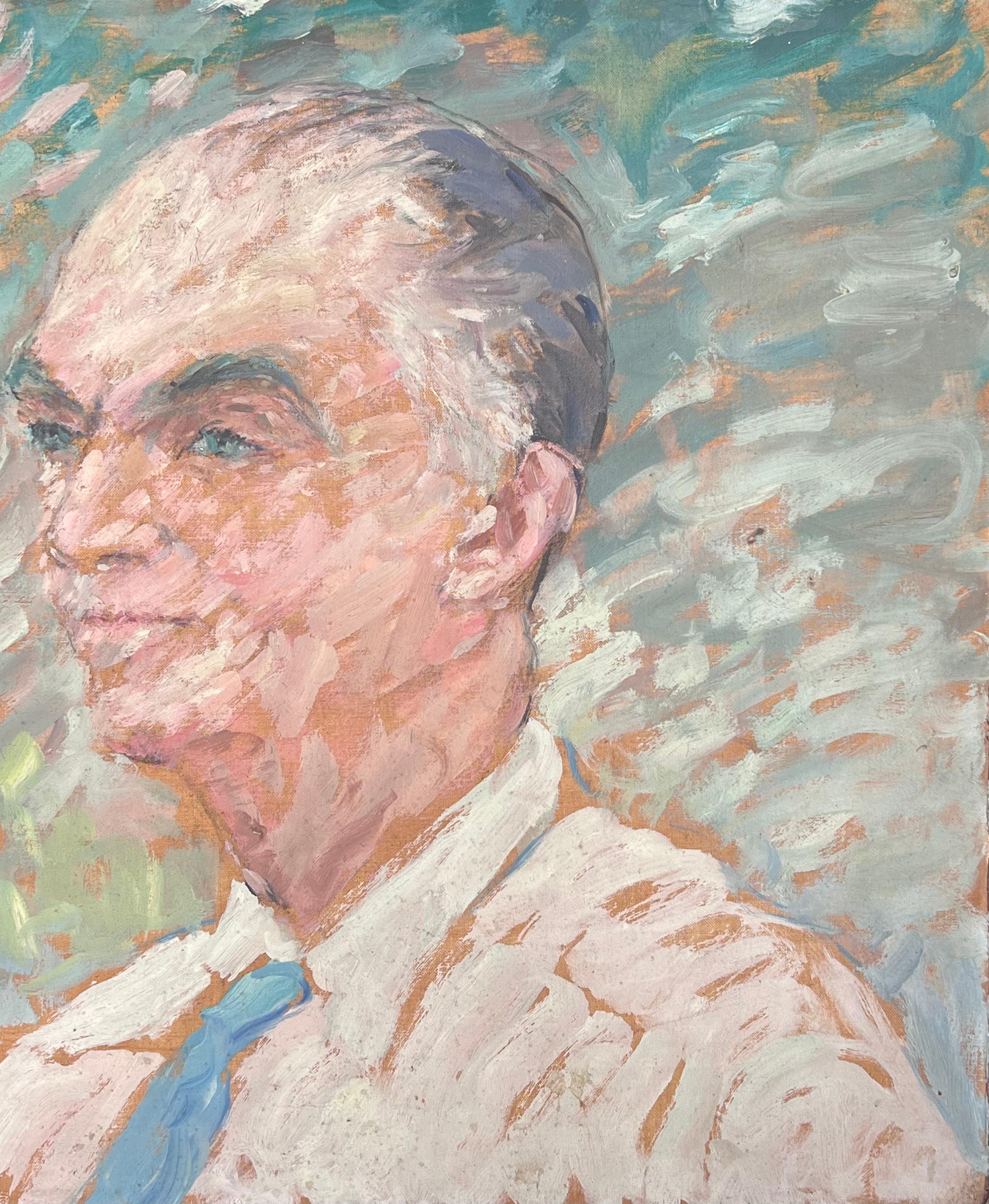 Caballero de pelo gris con corbata azul Pintura impresionista francesa de mediados de siglo - Painting Posimpresionista de Suzanne Dinkes