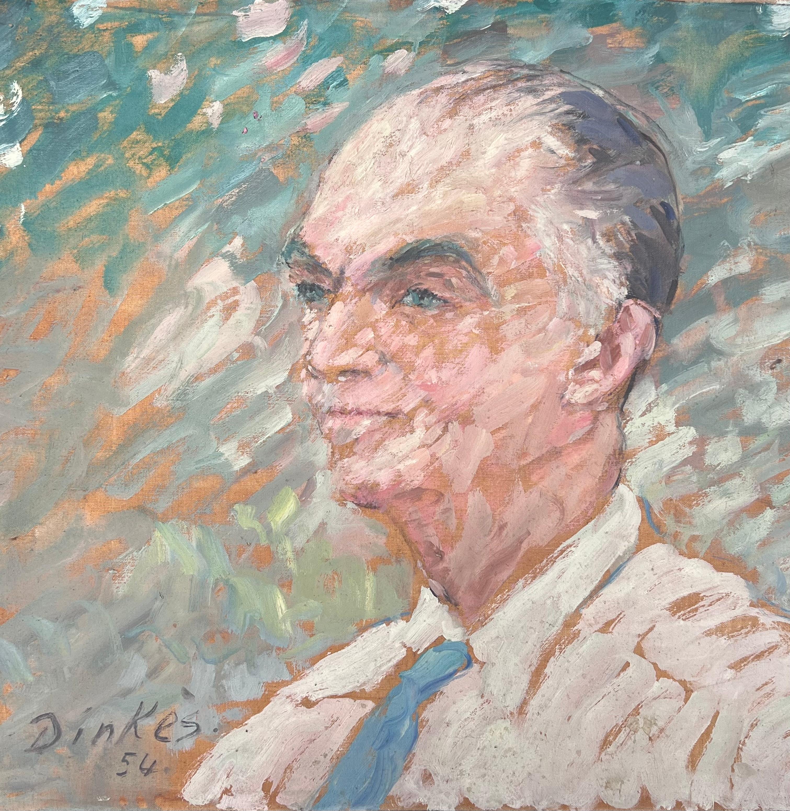 Caballero de pelo gris con corbata azul Pintura impresionista francesa de mediados de siglo - Portrait Painting Gris de Suzanne Dinkes