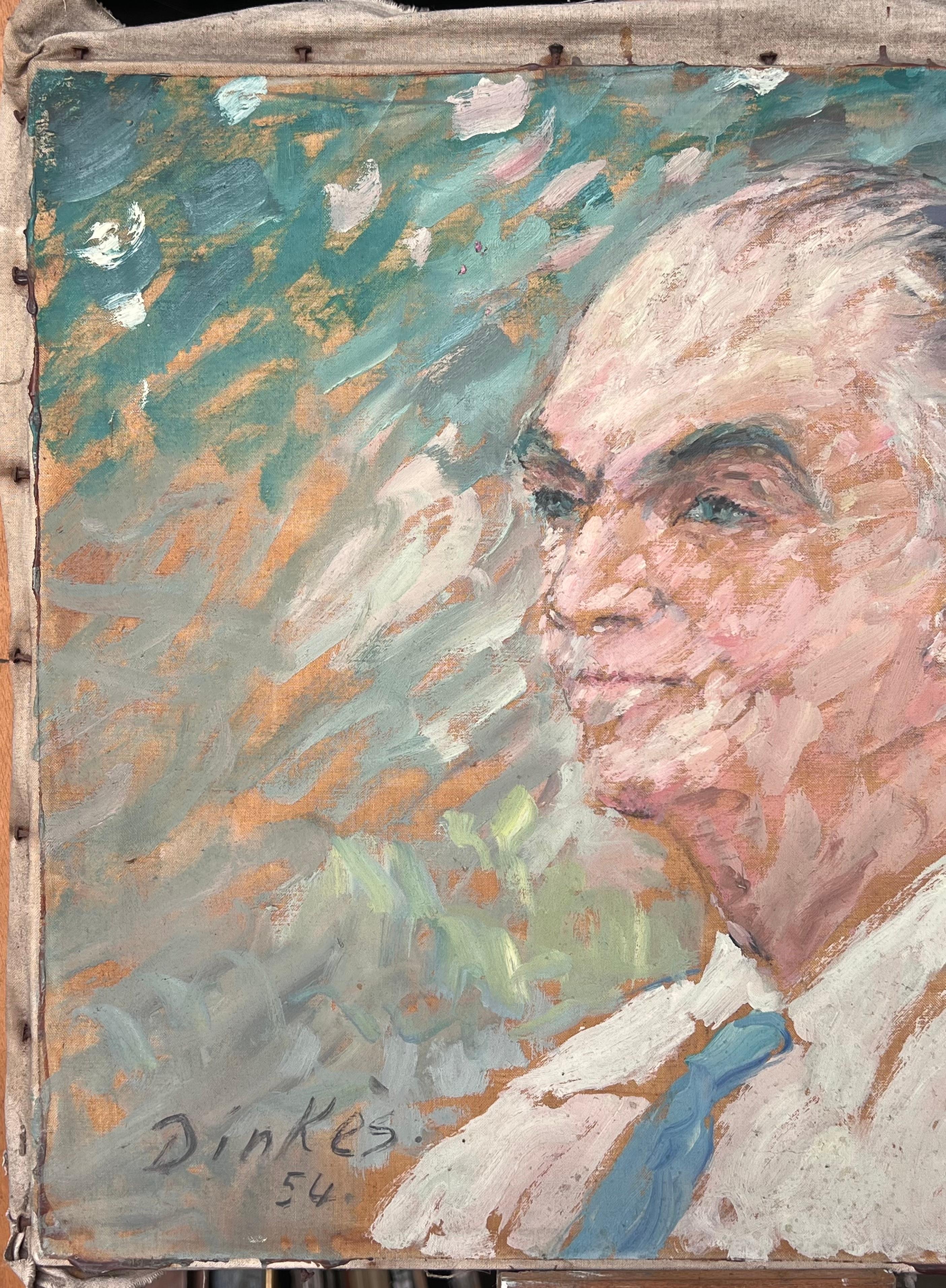 Caballero de pelo gris con corbata azul Pintura impresionista francesa de mediados de siglo en venta 1