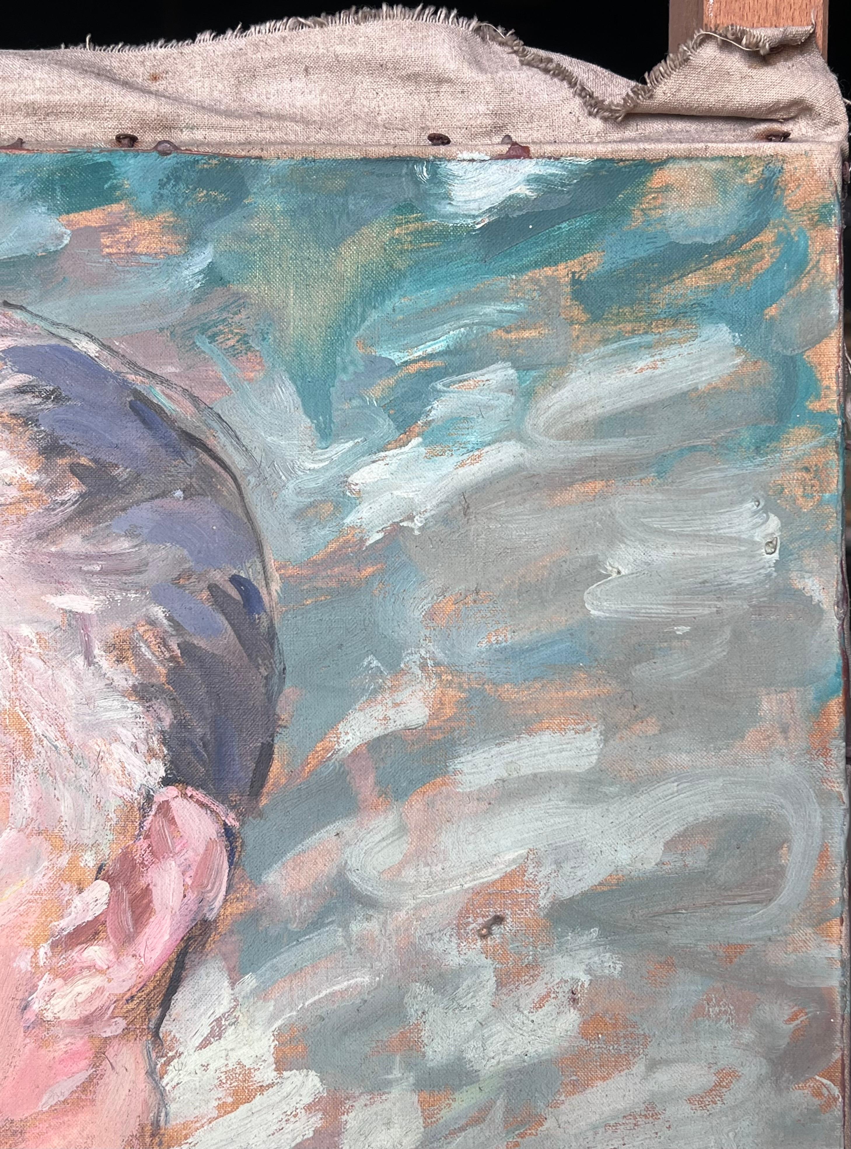 Caballero de pelo gris con corbata azul Pintura impresionista francesa de mediados de siglo en venta 3