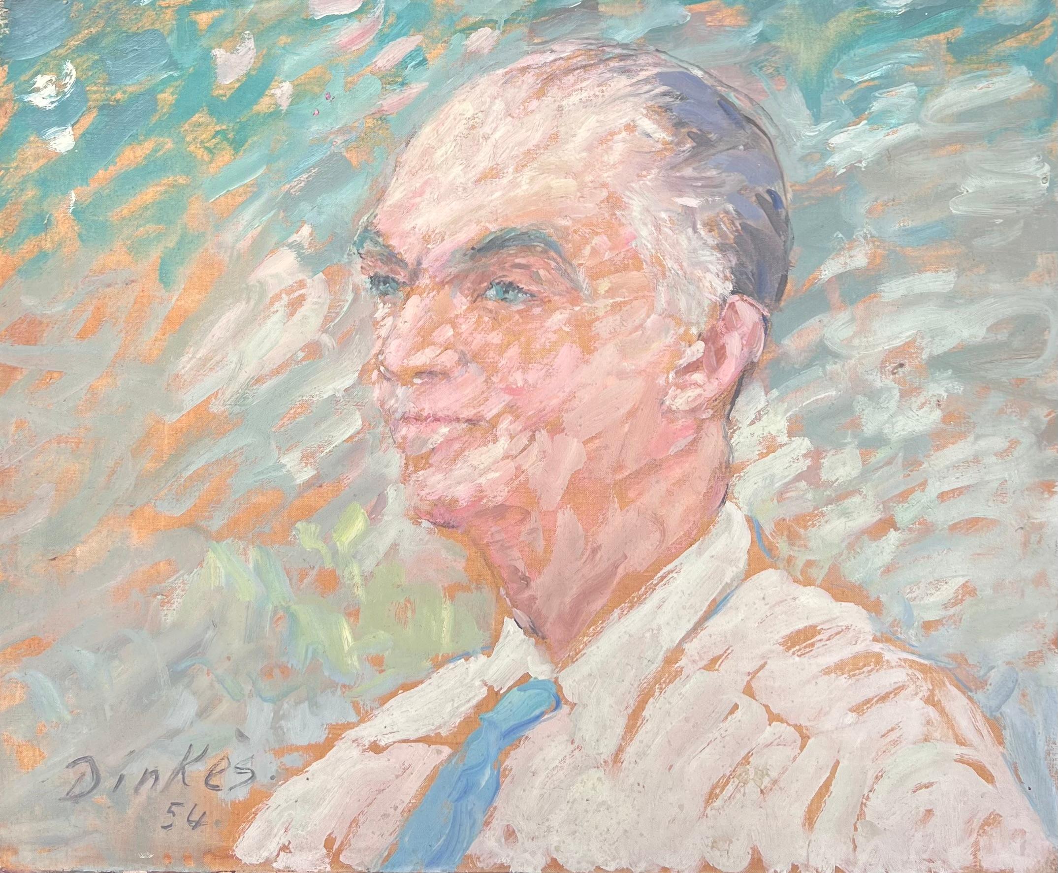 Portrait Painting de Suzanne Dinkes - Caballero de pelo gris con corbata azul Pintura impresionista francesa de mediados de siglo