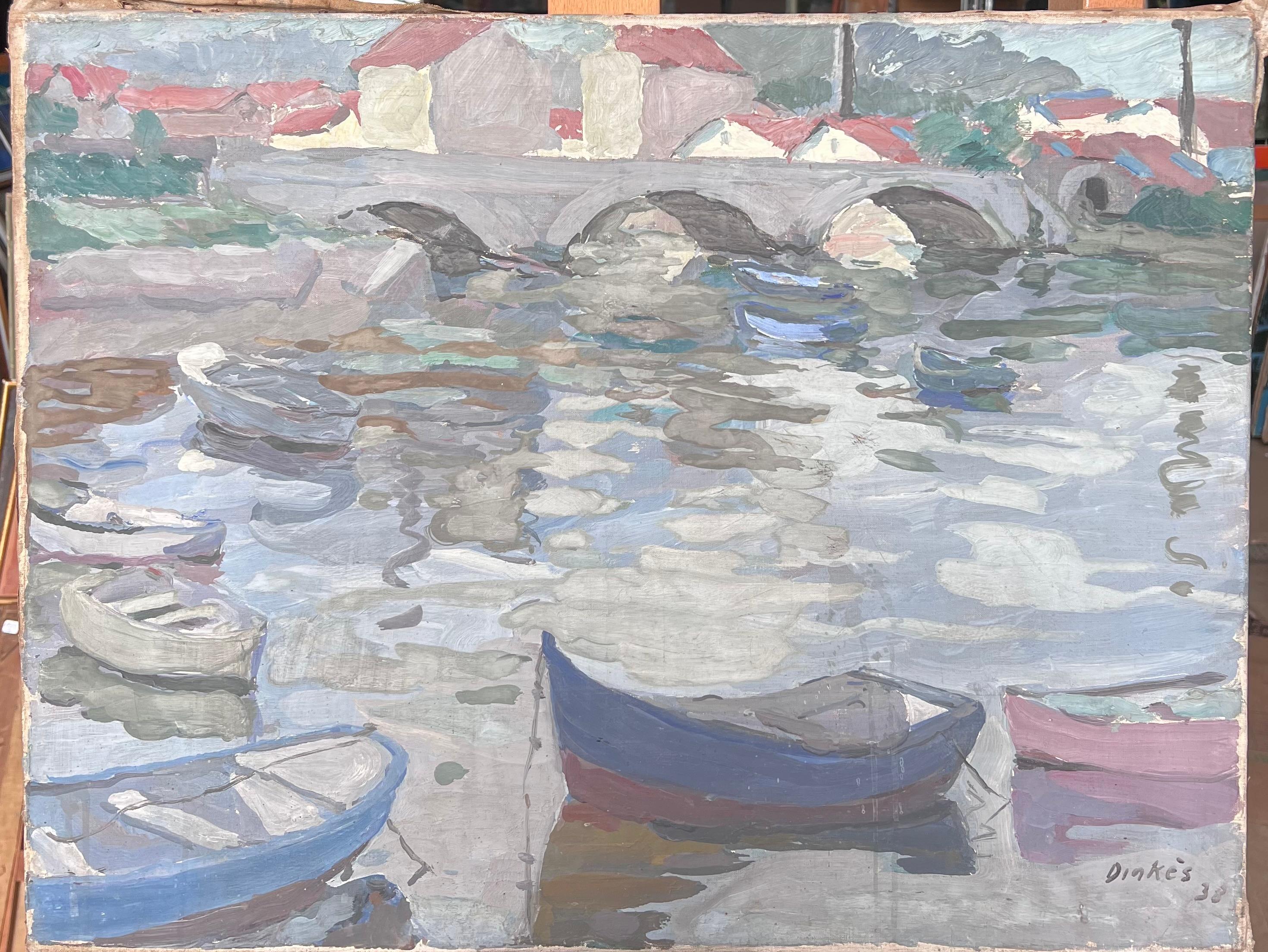 Grauer Stein Brücke Bogen Brücke Boot Kanal Französisch Impressionist Malerei – Painting von Suzanne Dinkes