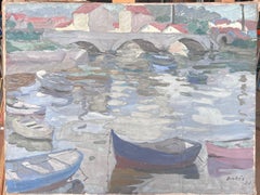 Grey Stone Bridge Arch Bridge Boat Canal French Impressionist Painting