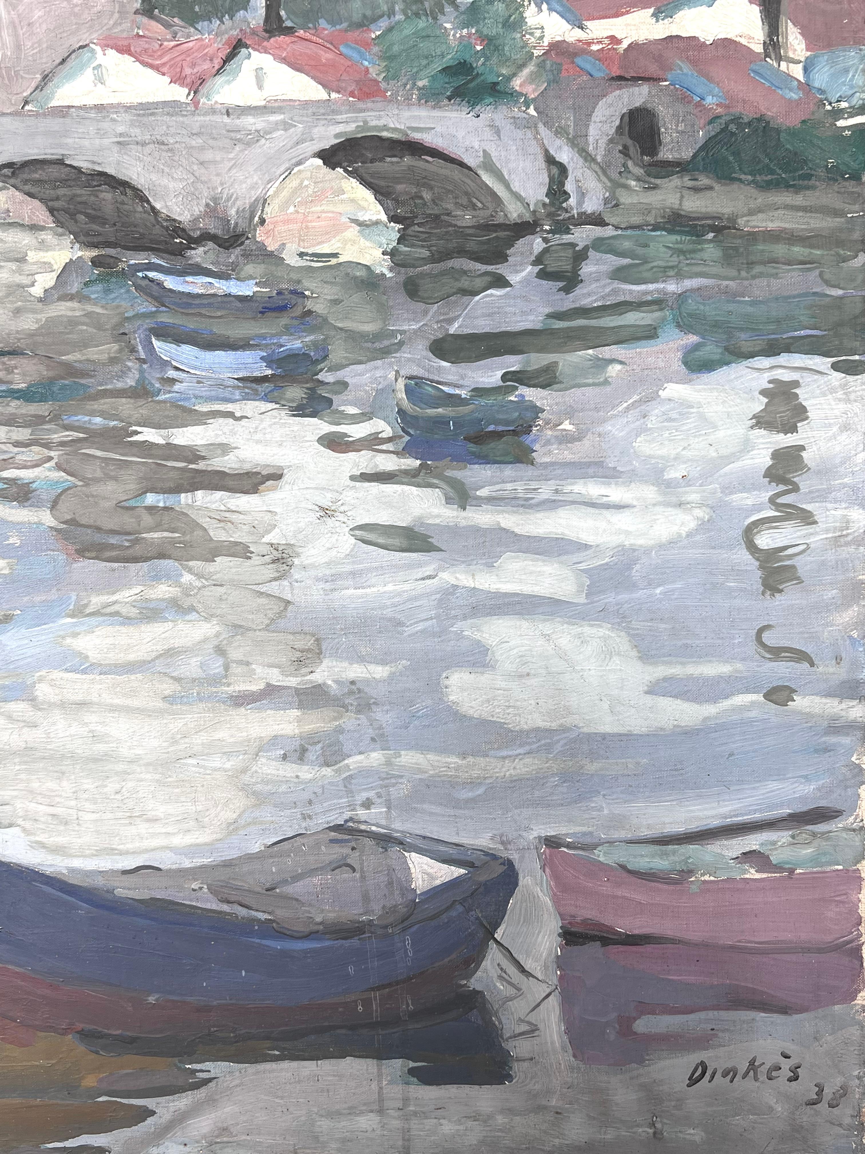 Grauer Stein Brücke Bogen Brücke Boot Kanal Französisch Impressionist Malerei (Post-Impressionismus), Painting, von Suzanne Dinkes