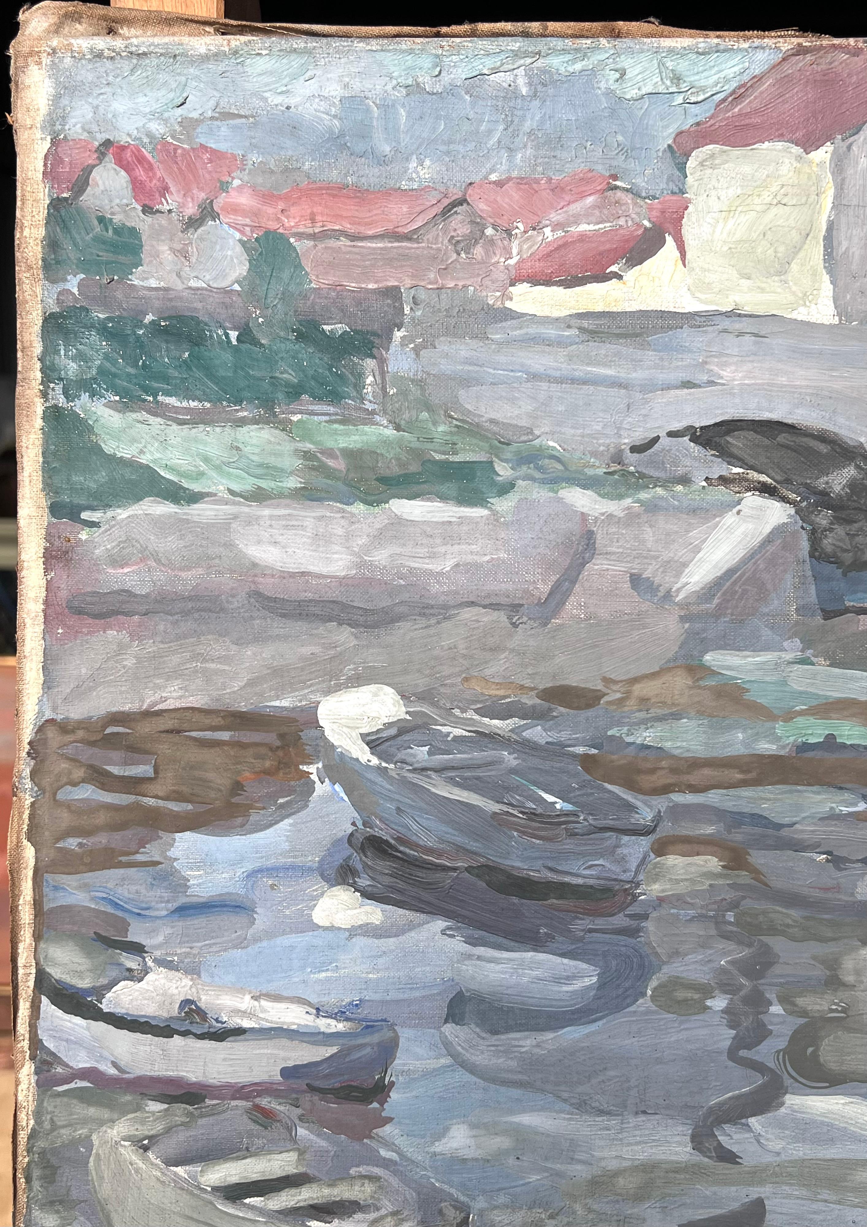 Grauer Stein Brücke Bogen Brücke Boot Kanal Französisch Impressionist Malerei im Angebot 1