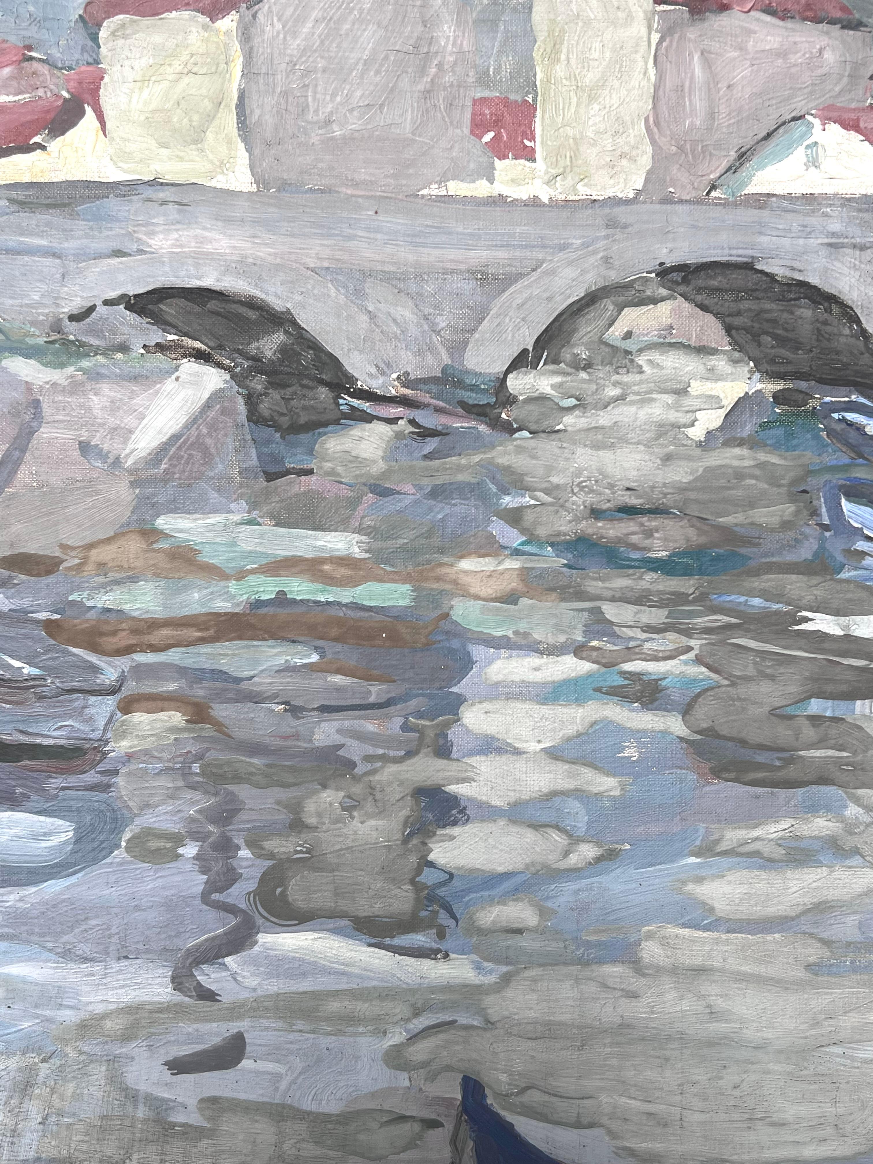 Grauer Stein Brücke Bogen Brücke Boot Kanal Französisch Impressionist Malerei im Angebot 2