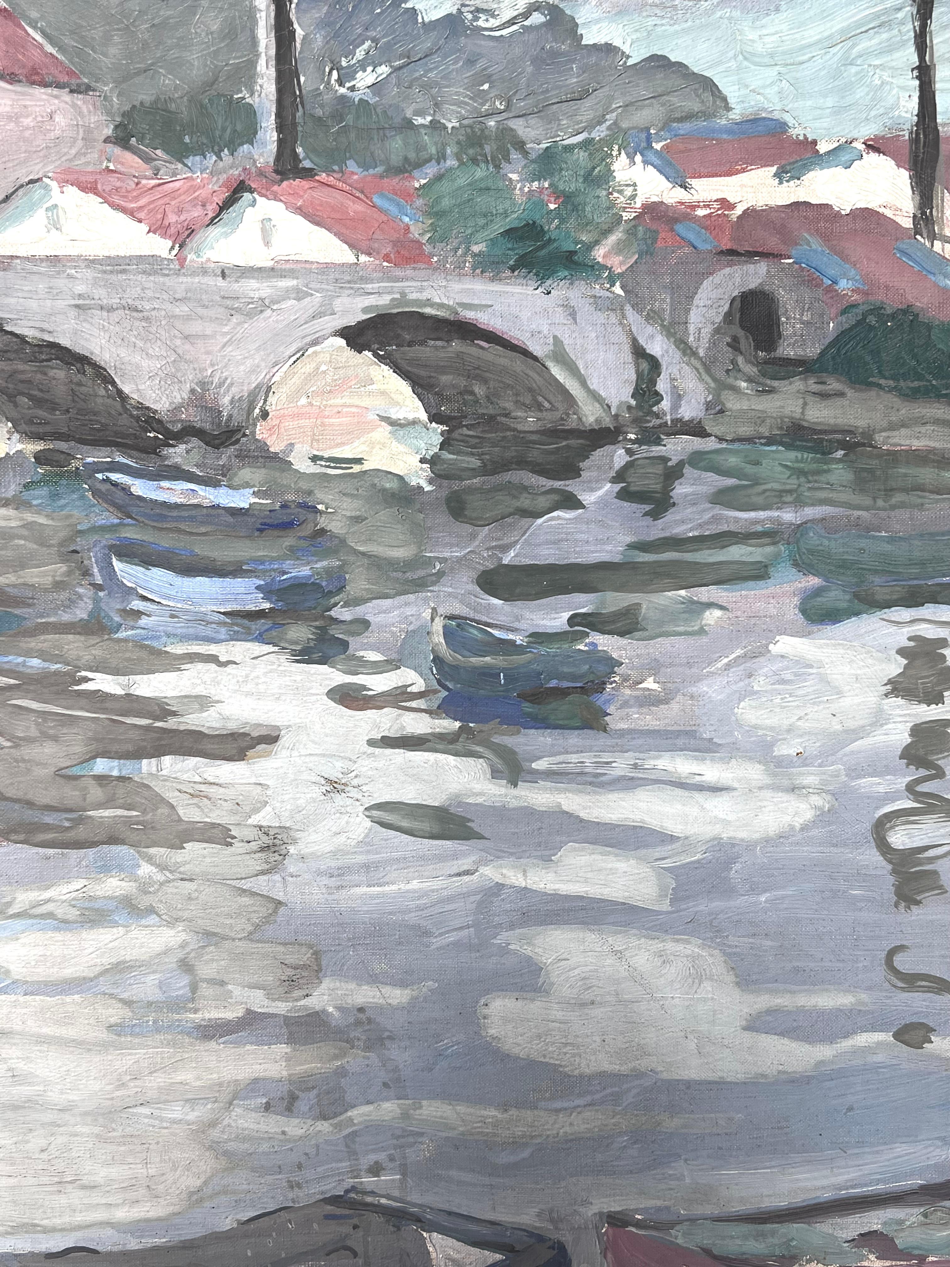 Grauer Stein Brücke Bogen Brücke Boot Kanal Französisch Impressionist Malerei im Angebot 3