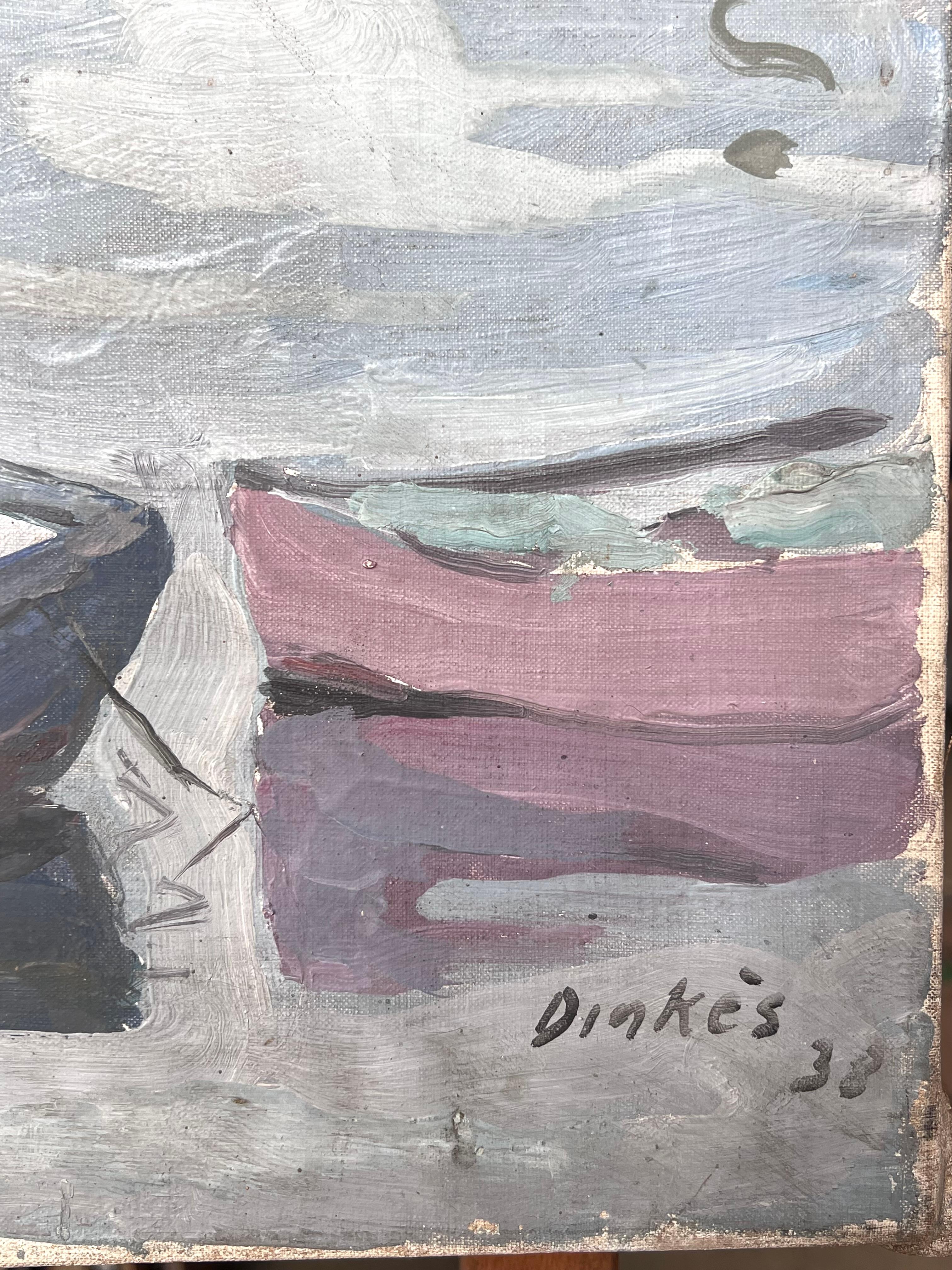 Grauer Stein Brücke Bogen Brücke Boot Kanal Französisch Impressionist Malerei im Angebot 4