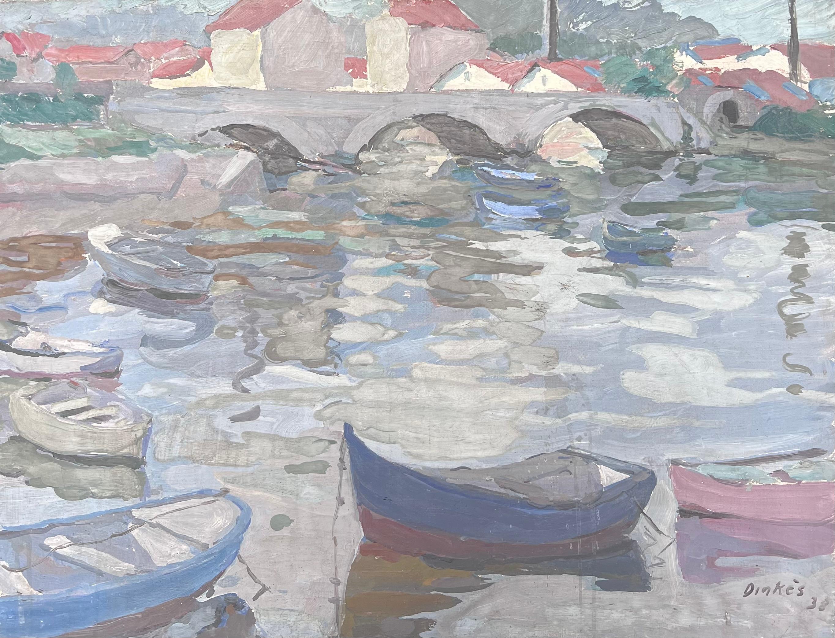 Suzanne Dinkes Landscape Painting – Grauer Stein Brücke Bogen Brücke Boot Kanal Französisch Impressionist Malerei