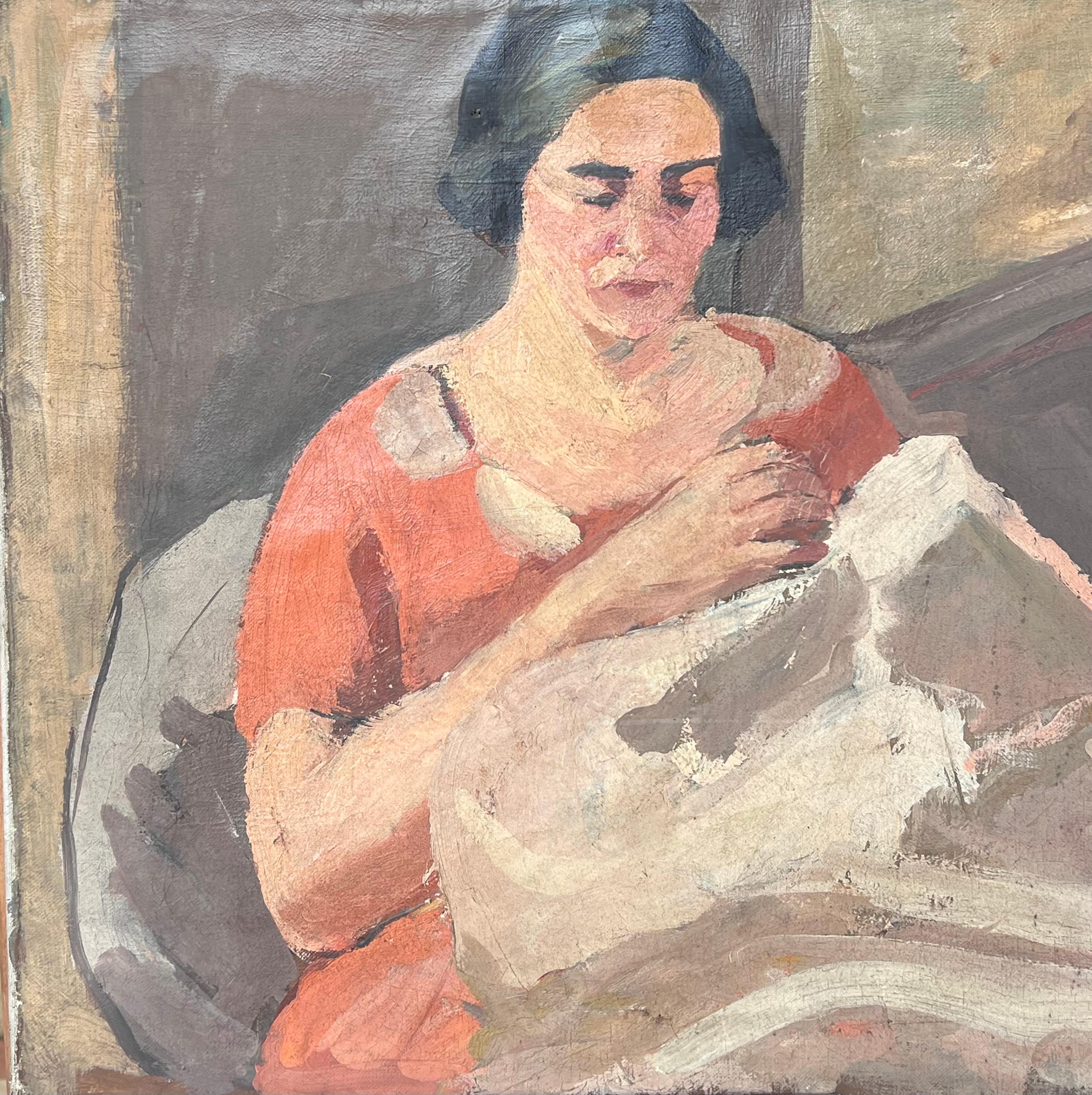 Dame in Rot, die eine weiße Decke strickt Französisches impressionistisches Gemälde aus der Mitte des Jahrhunderts im Angebot 5