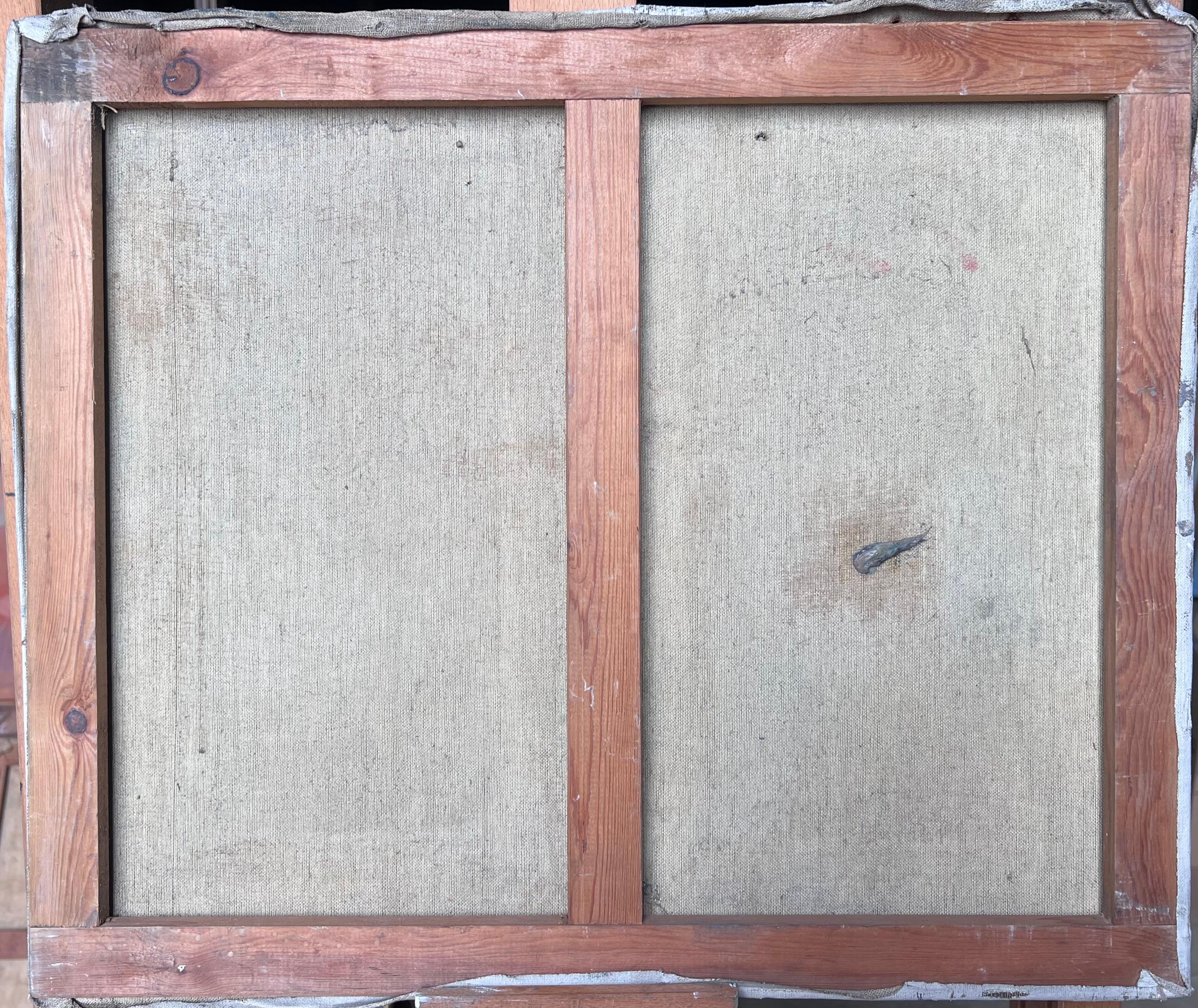 Dame in Rot, die eine weiße Decke strickt Französisches impressionistisches Gemälde aus der Mitte des Jahrhunderts im Angebot 6