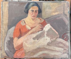 Dame en rouge tricotant une couverture blanche Peinture impressionniste française du milieu du siècle