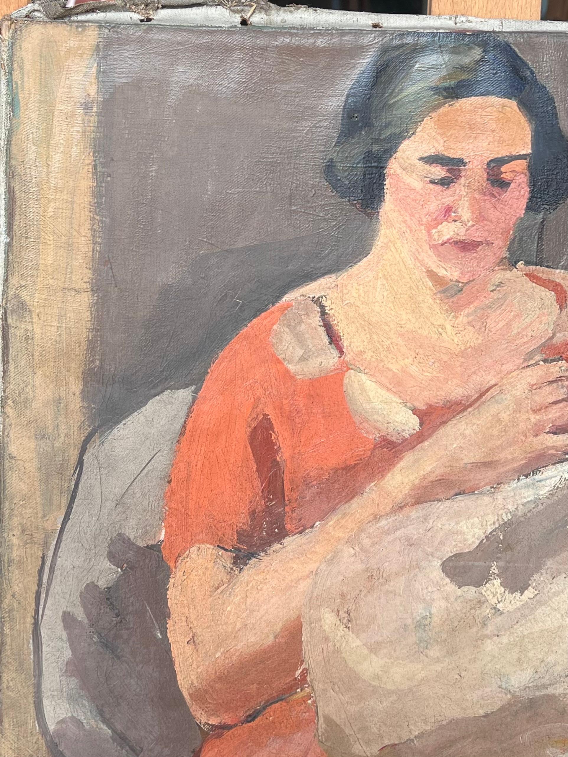 Dame in Rot, die eine weiße Decke strickt Französisches impressionistisches Gemälde aus der Mitte des Jahrhunderts (Post-Impressionismus), Painting, von Suzanne Dinkes