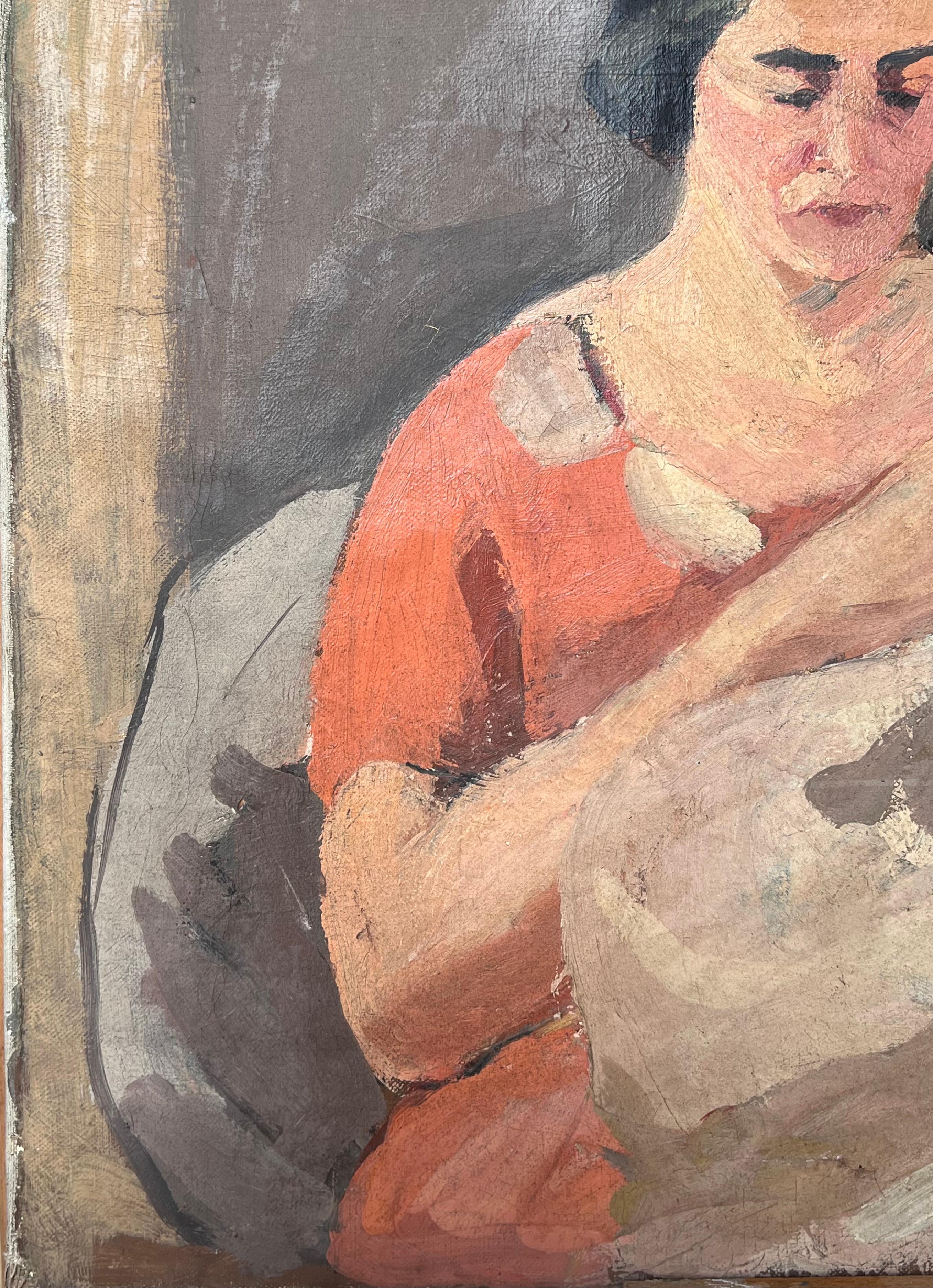 Dame in Rot, die eine weiße Decke strickt Französisches impressionistisches Gemälde aus der Mitte des Jahrhunderts im Angebot 1