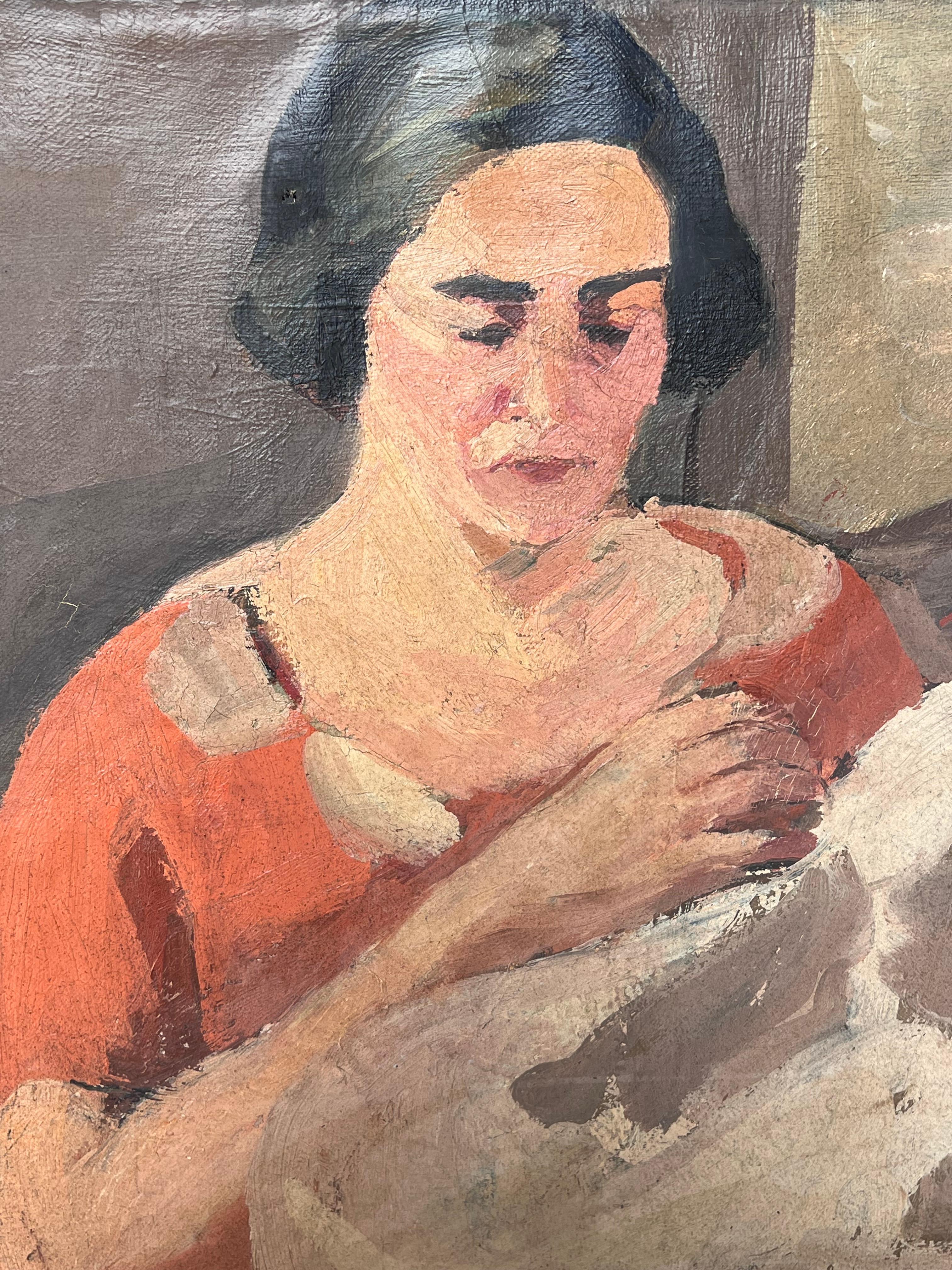Dame in Rot, die eine weiße Decke strickt Französisches impressionistisches Gemälde aus der Mitte des Jahrhunderts im Angebot 2