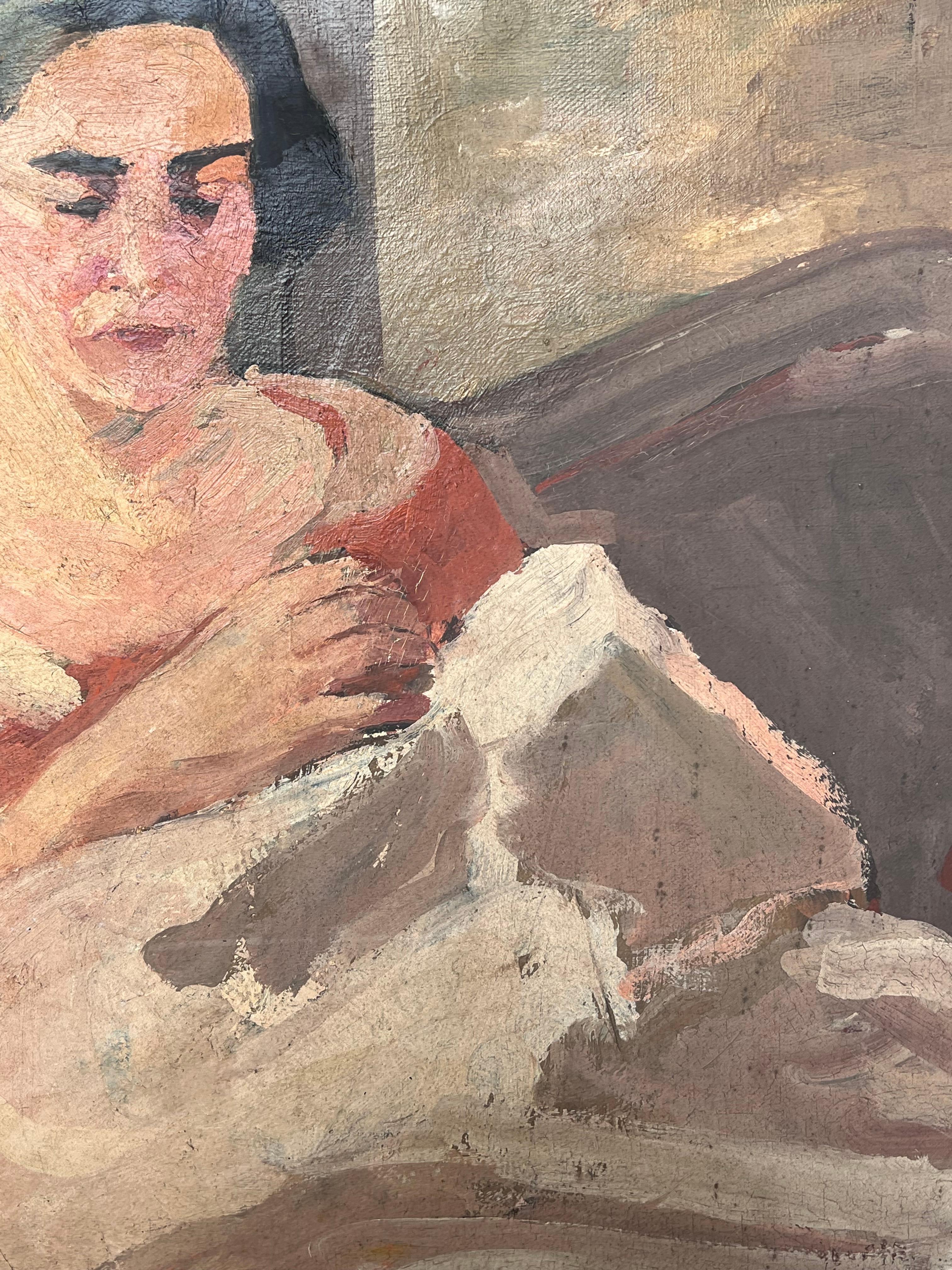 Dame in Rot, die eine weiße Decke strickt Französisches impressionistisches Gemälde aus der Mitte des Jahrhunderts im Angebot 3