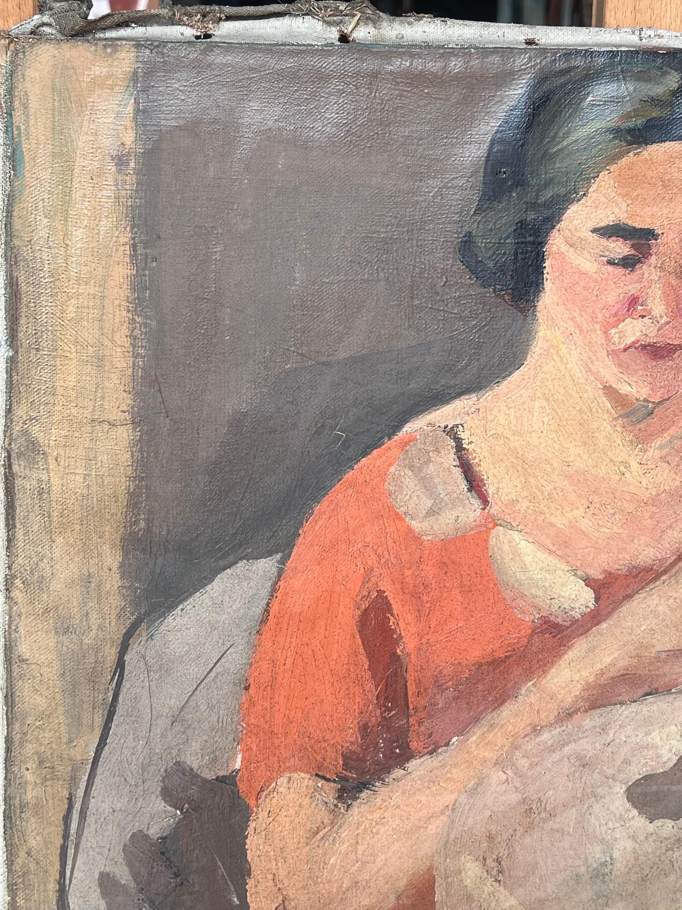 Dame in Rot, die eine weiße Decke strickt Französisches impressionistisches Gemälde aus der Mitte des Jahrhunderts im Angebot 4