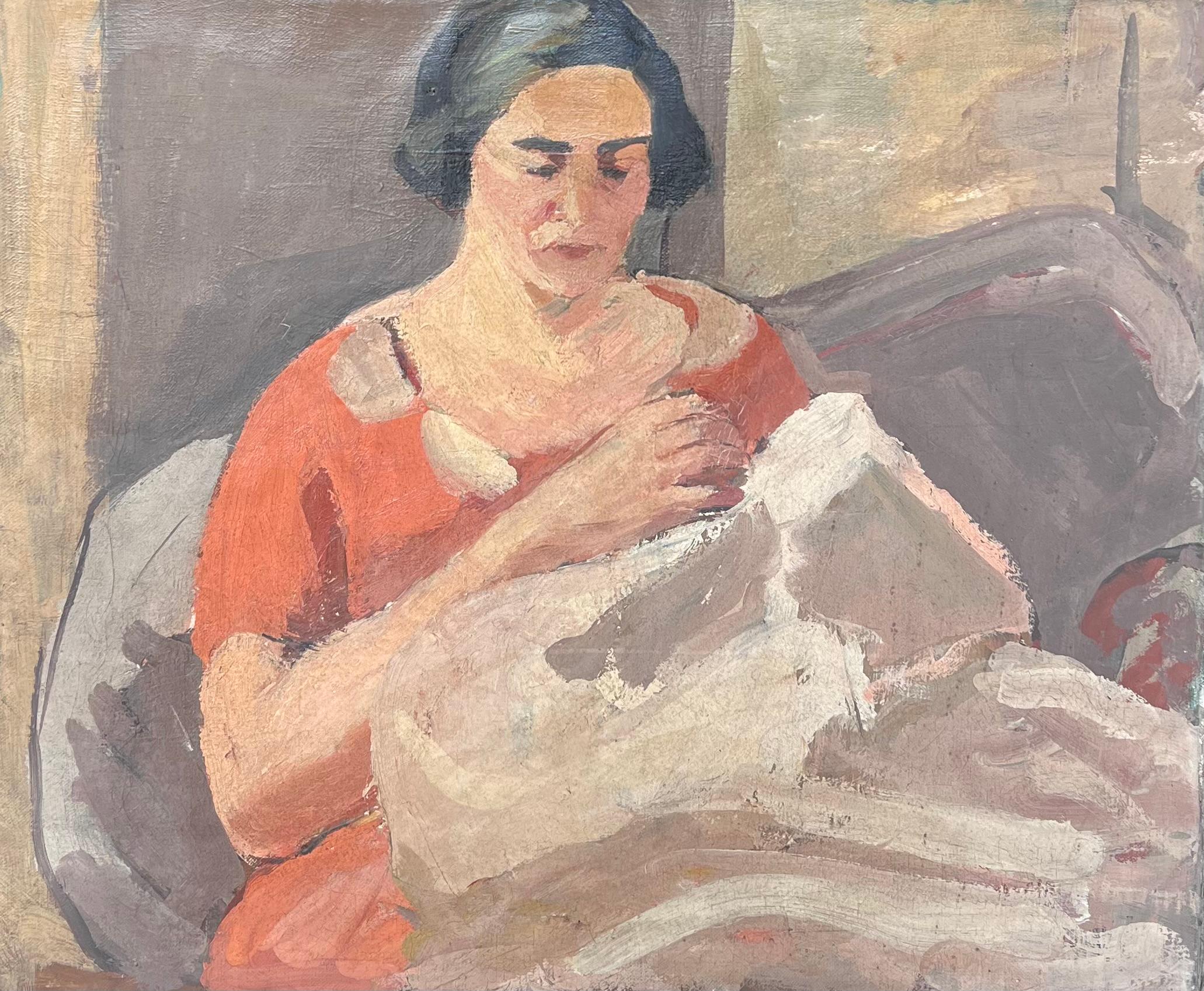 Suzanne Dinkes Figurative Painting – Dame in Rot, die eine weiße Decke strickt Französisches impressionistisches Gemälde aus der Mitte des Jahrhunderts