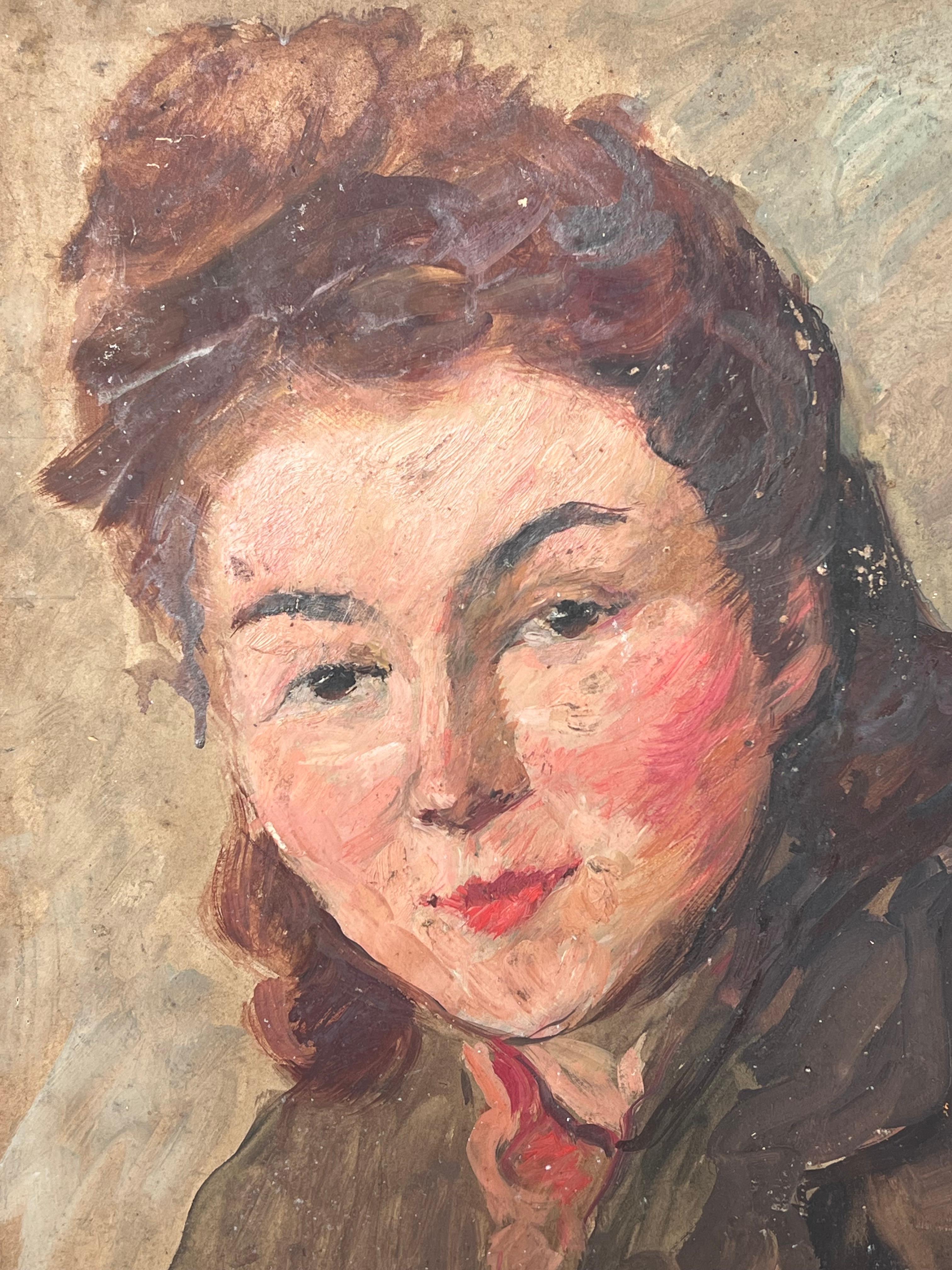 Óleo Impresionista Francés de Mitad de Siglo Retrato de Cabeza y Hombros Estilo Vintage - Painting de Suzanne Dinkes