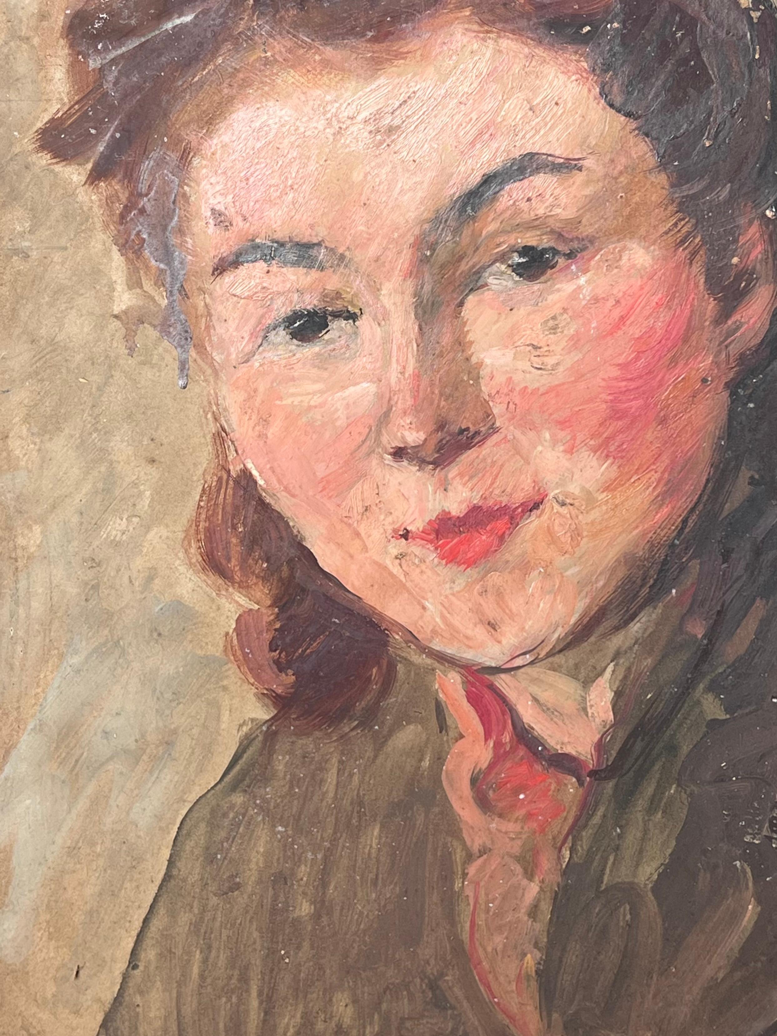 Óleo Impresionista Francés de Mitad de Siglo Retrato de Cabeza y Hombros Estilo Vintage - Painting Posimpresionista de Suzanne Dinkes