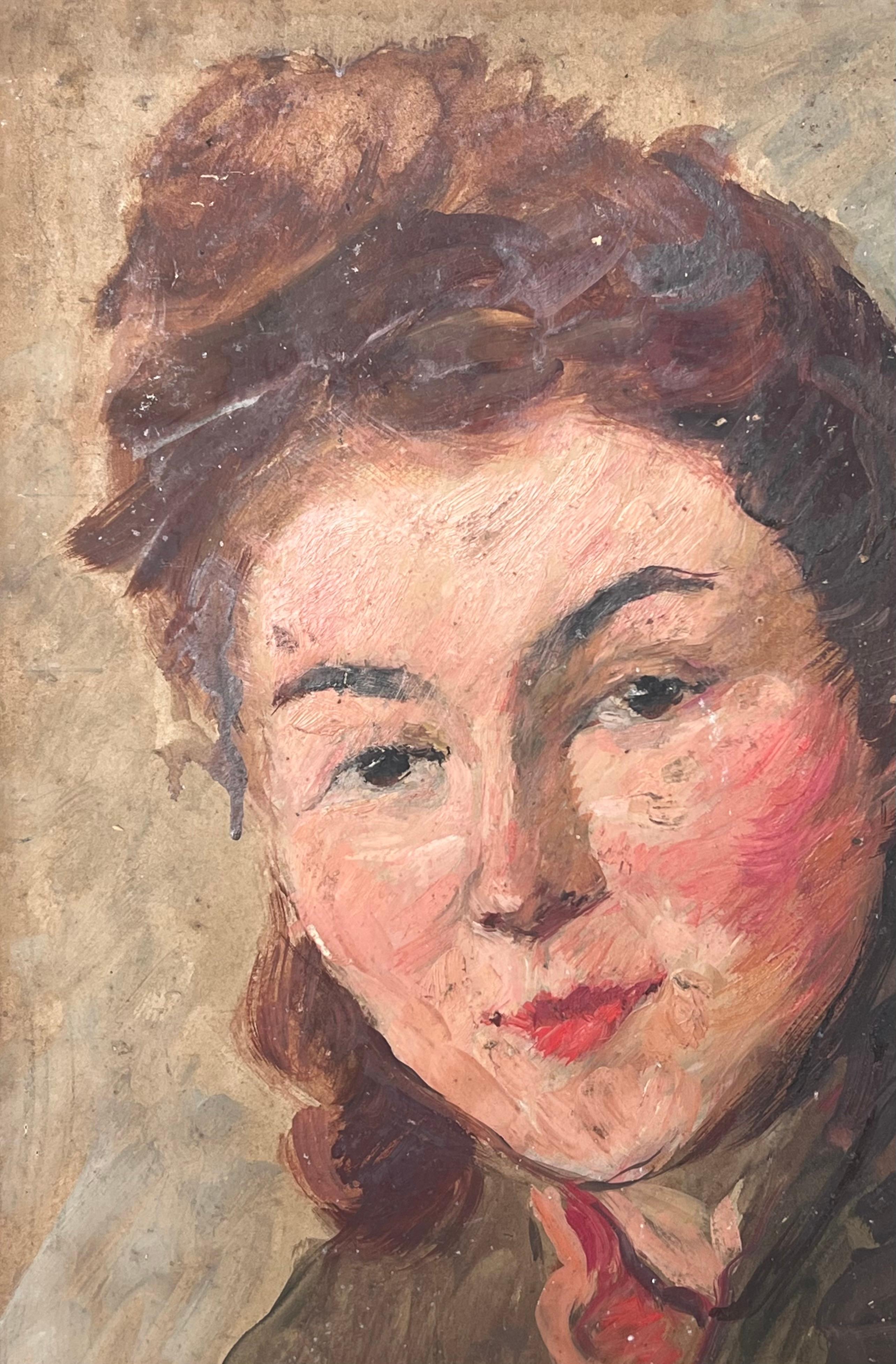 Óleo Impresionista Francés de Mitad de Siglo Retrato de Cabeza y Hombros Estilo Vintage - Figurative Painting Marrón de Suzanne Dinkes