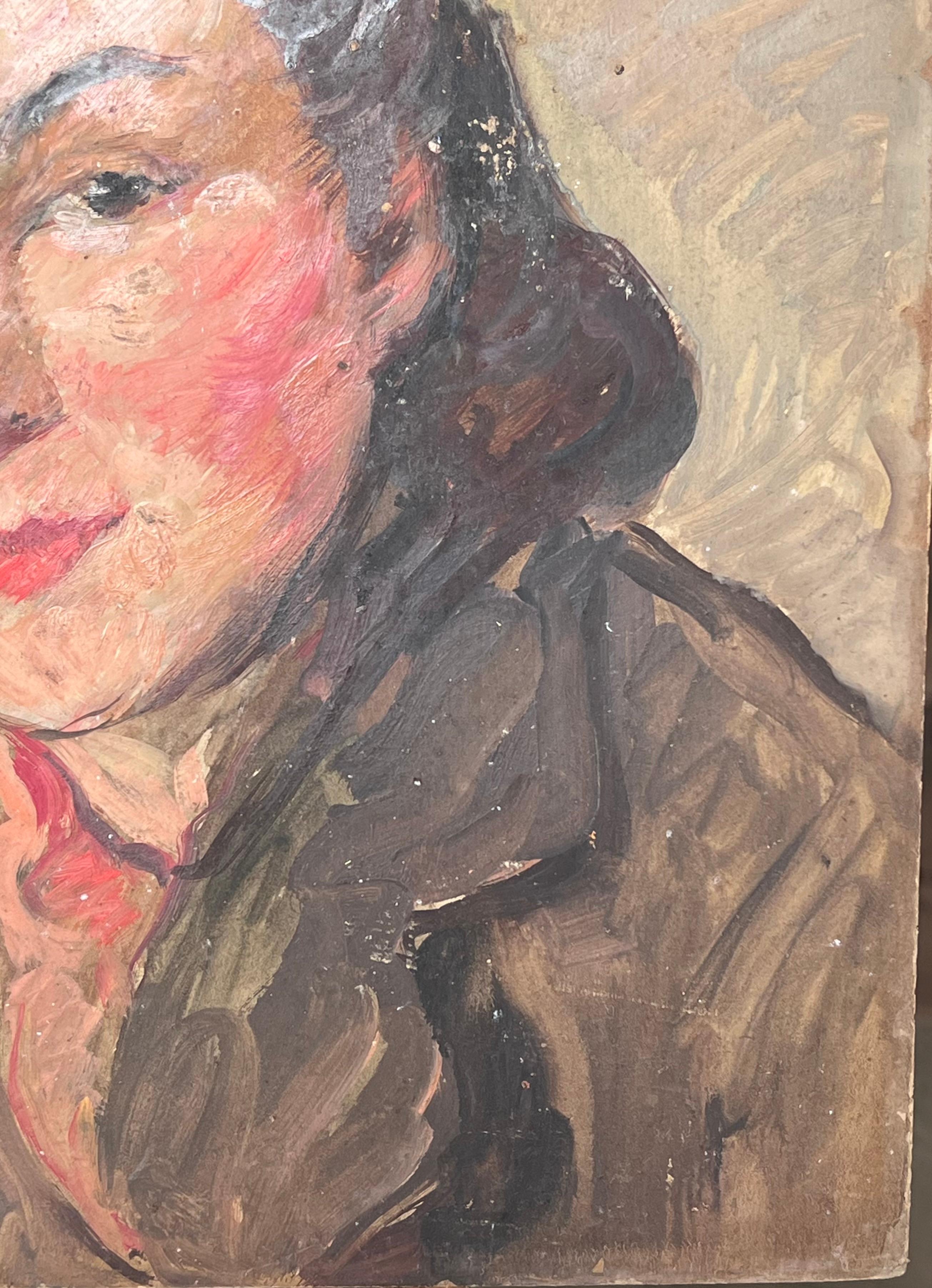 Óleo Impresionista Francés de Mitad de Siglo Retrato de Cabeza y Hombros Estilo Vintage en venta 1