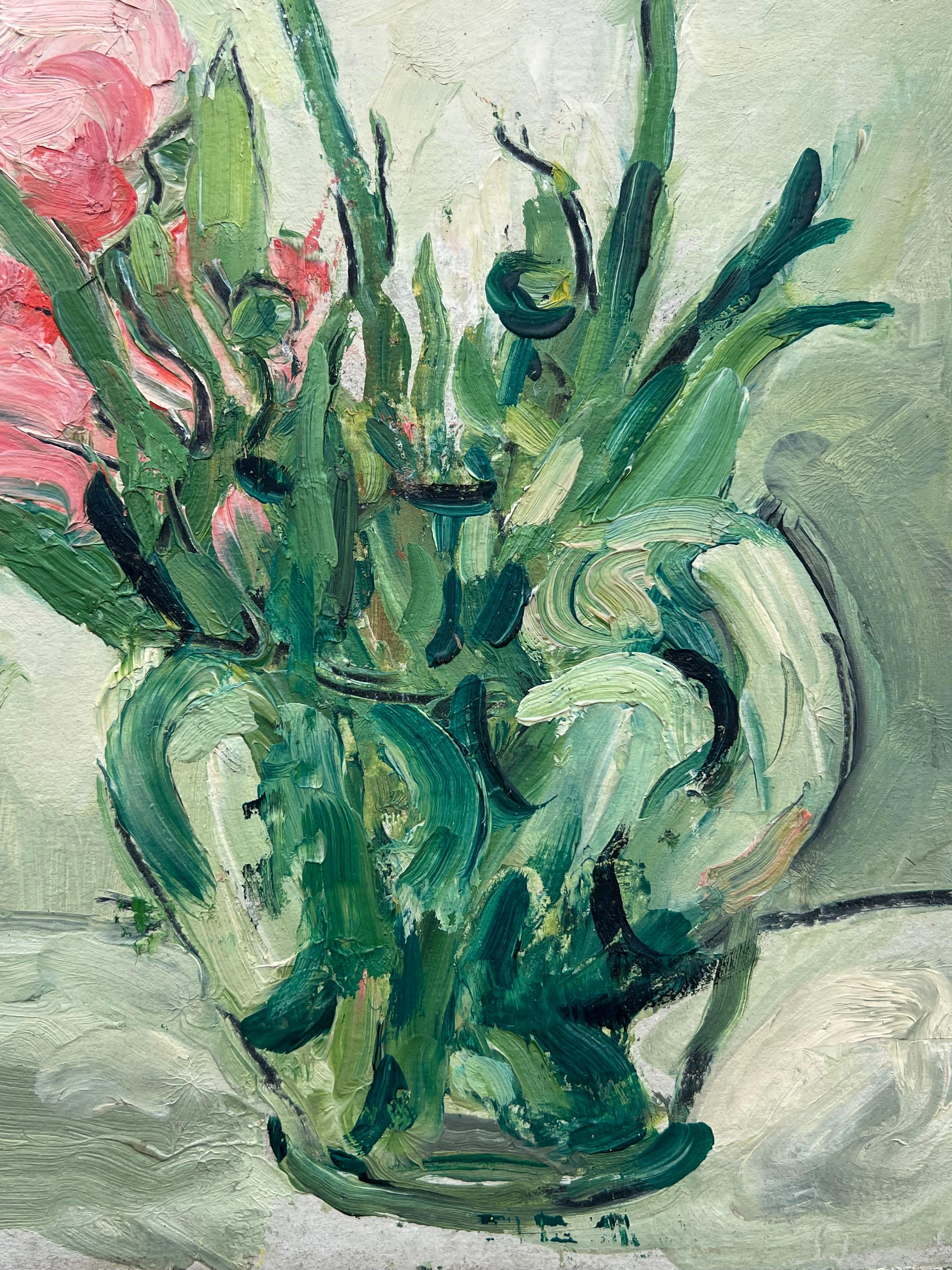 Peinture à l'huile impressionniste française du milieu du siècle, marguerites et pivoines dans un verre vert en vente 1