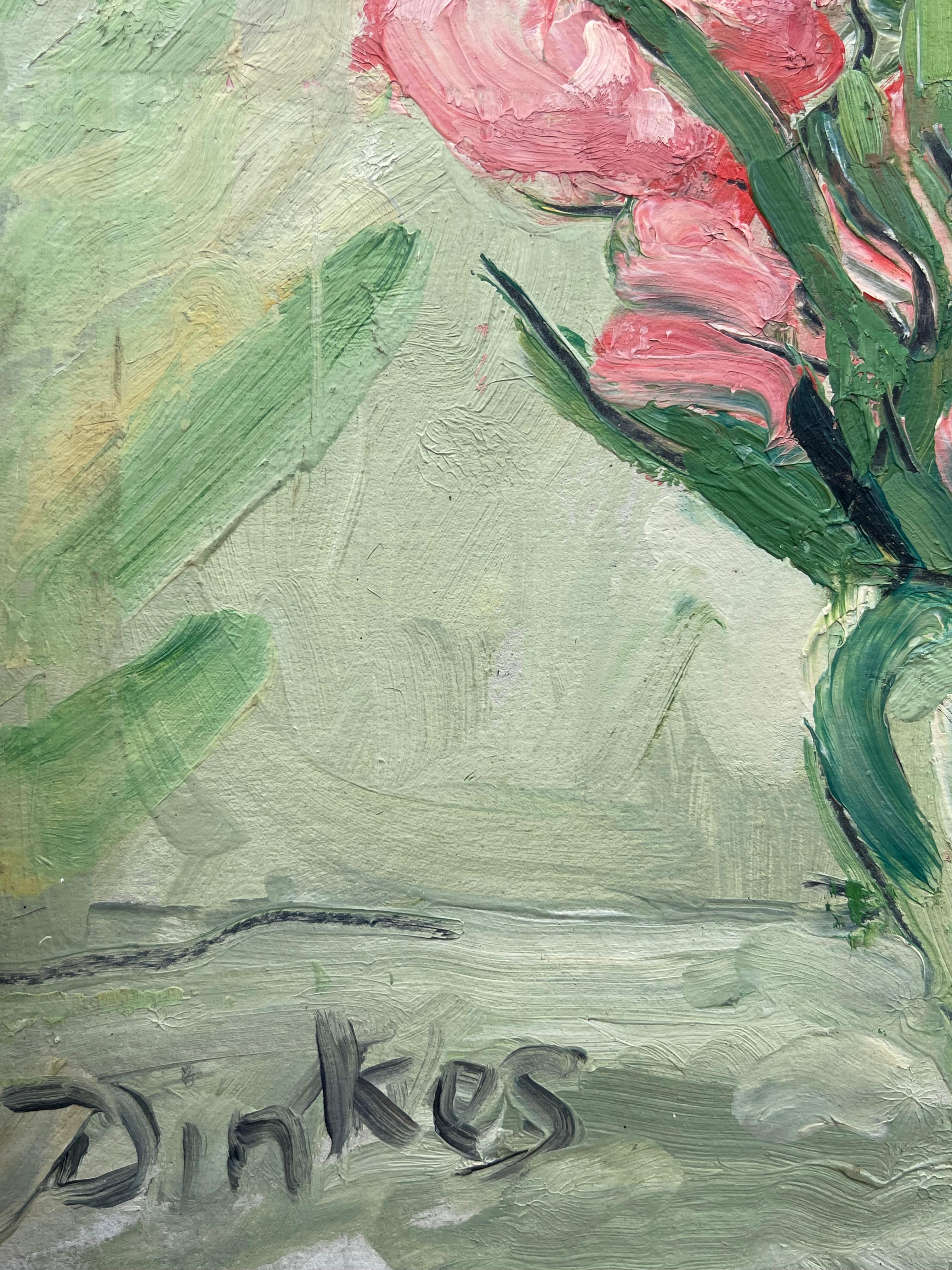 Peinture à l'huile impressionniste française du milieu du siècle, marguerites et pivoines dans un verre vert en vente 2