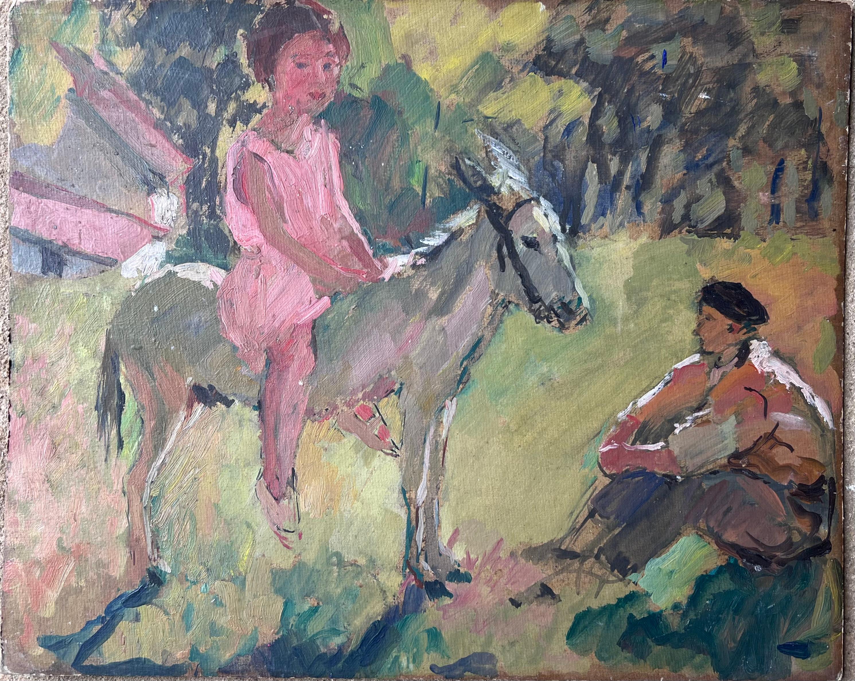 Peinture à l'huile impressionniste française du milieu du siècle Fille à cheval avec son professeur - Painting de Suzanne Dinkes