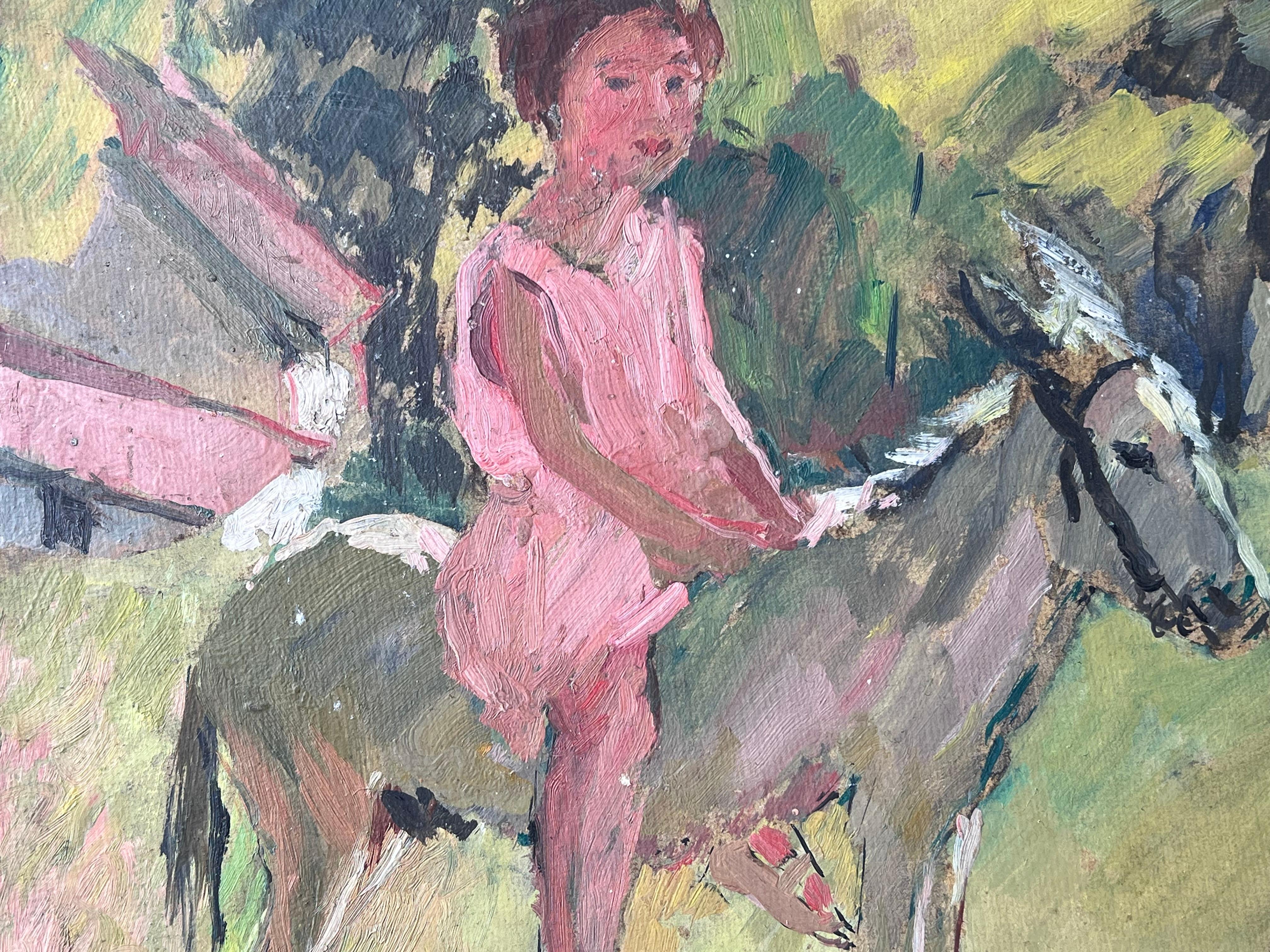 Peinture à l'huile impressionniste française du milieu du siècle Fille à cheval avec son professeur - Post-impressionnisme Painting par Suzanne Dinkes
