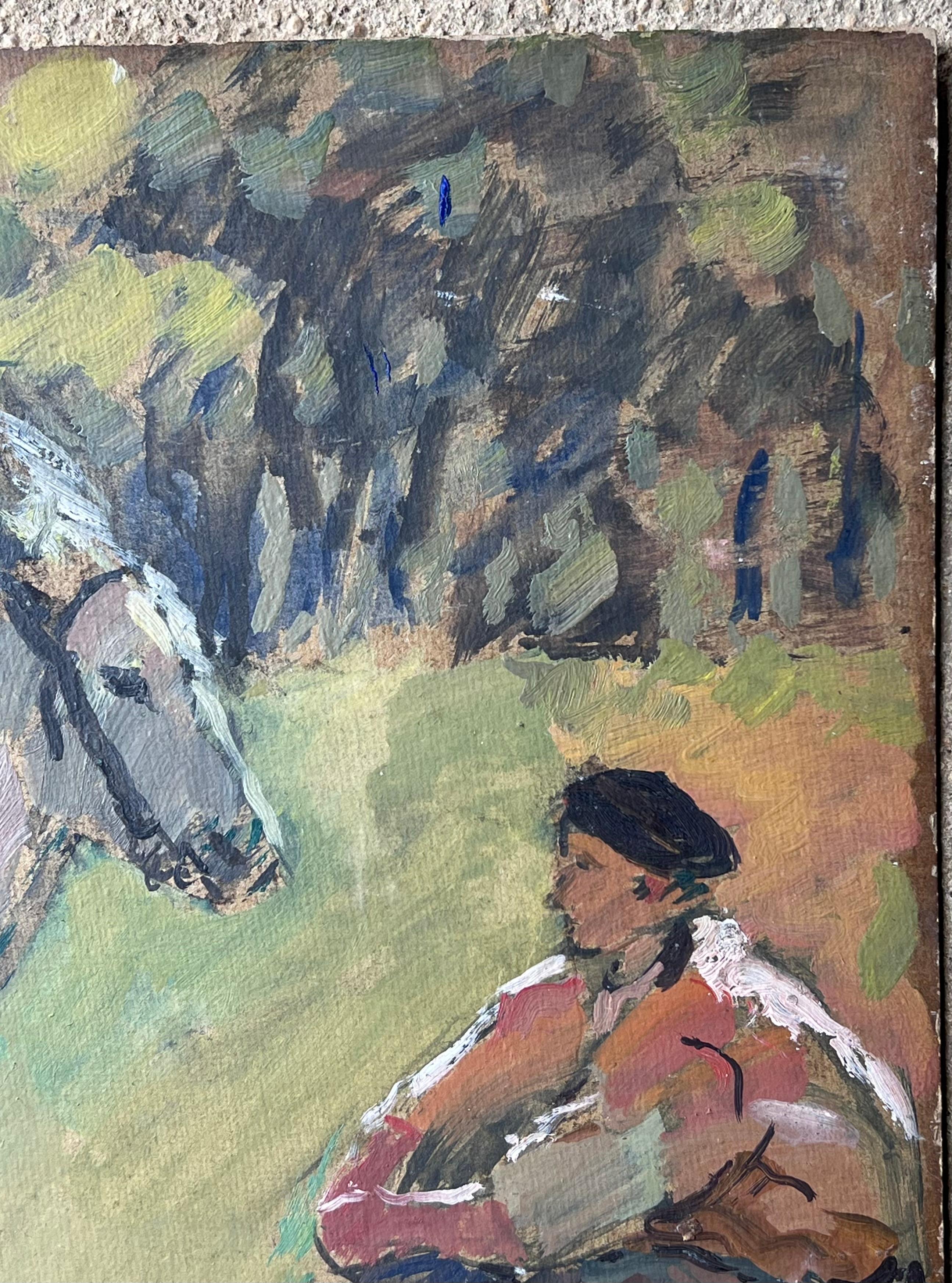 Peinture à l'huile impressionniste française du milieu du siècle Fille à cheval avec son professeur - Gris Landscape Painting par Suzanne Dinkes