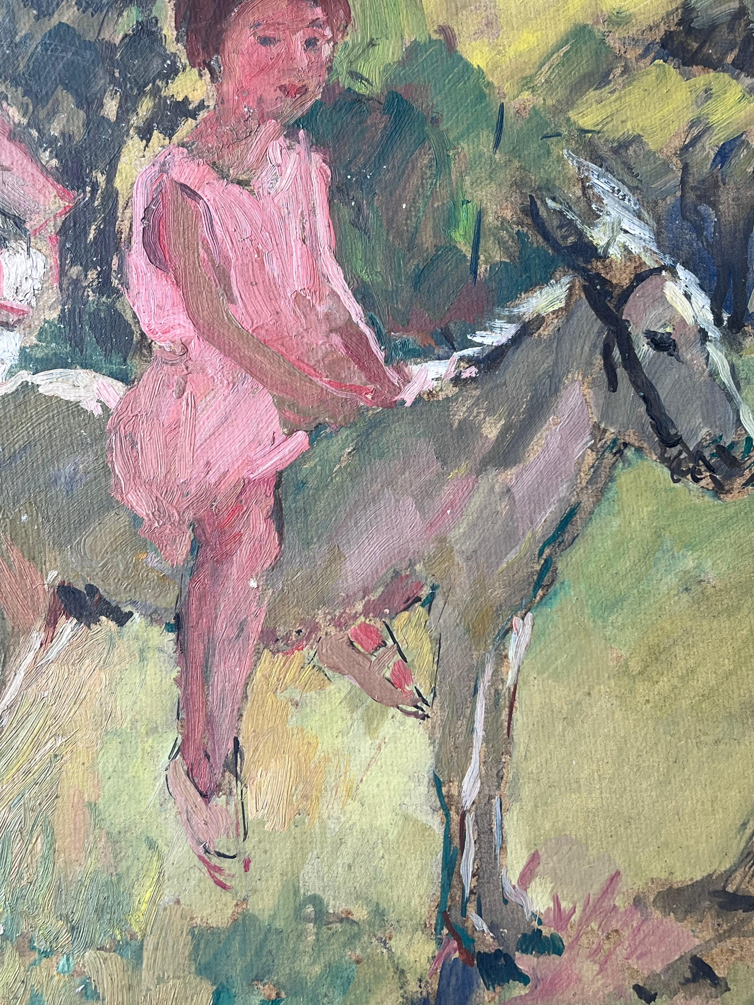 Peinture à l'huile impressionniste française du milieu du siècle Fille à cheval avec son professeur en vente 1